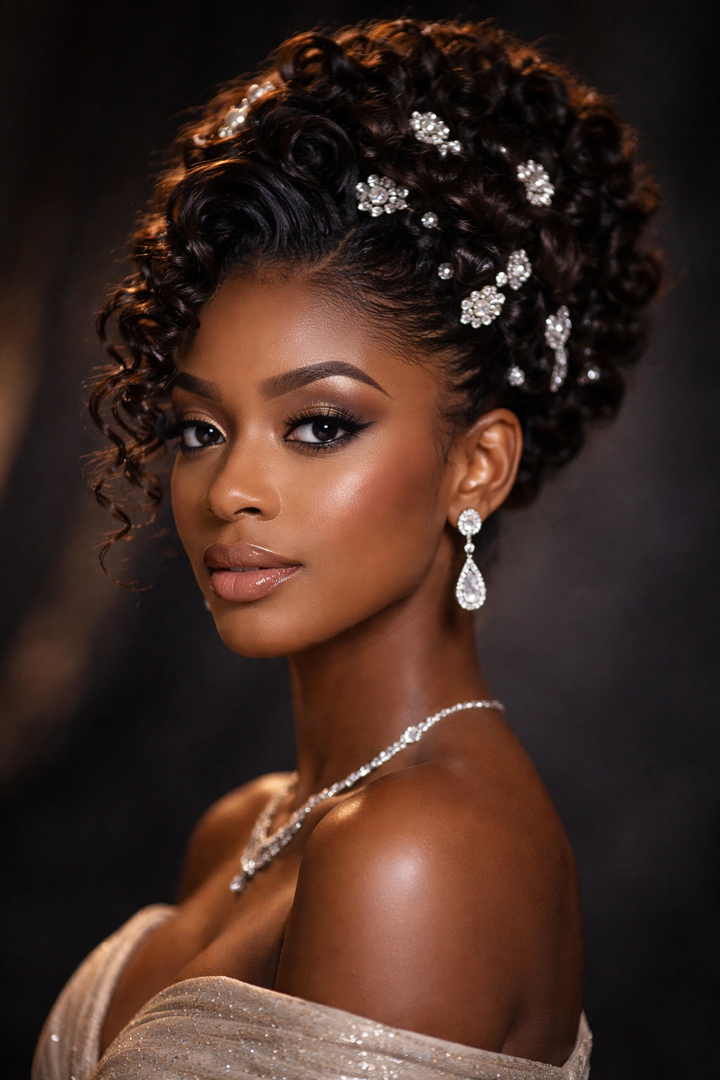 Spiral updo with jewel accents and pins catching light