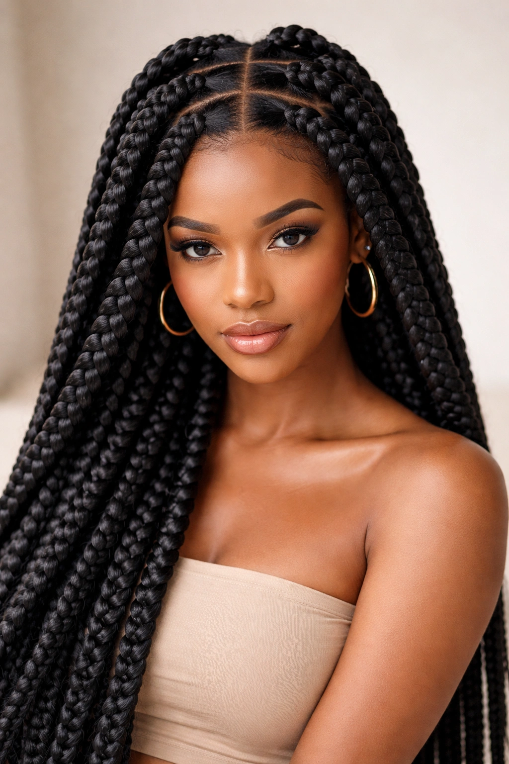 Close-up portrait of jumbo box braids delivering bold volume with thick, prominent strands