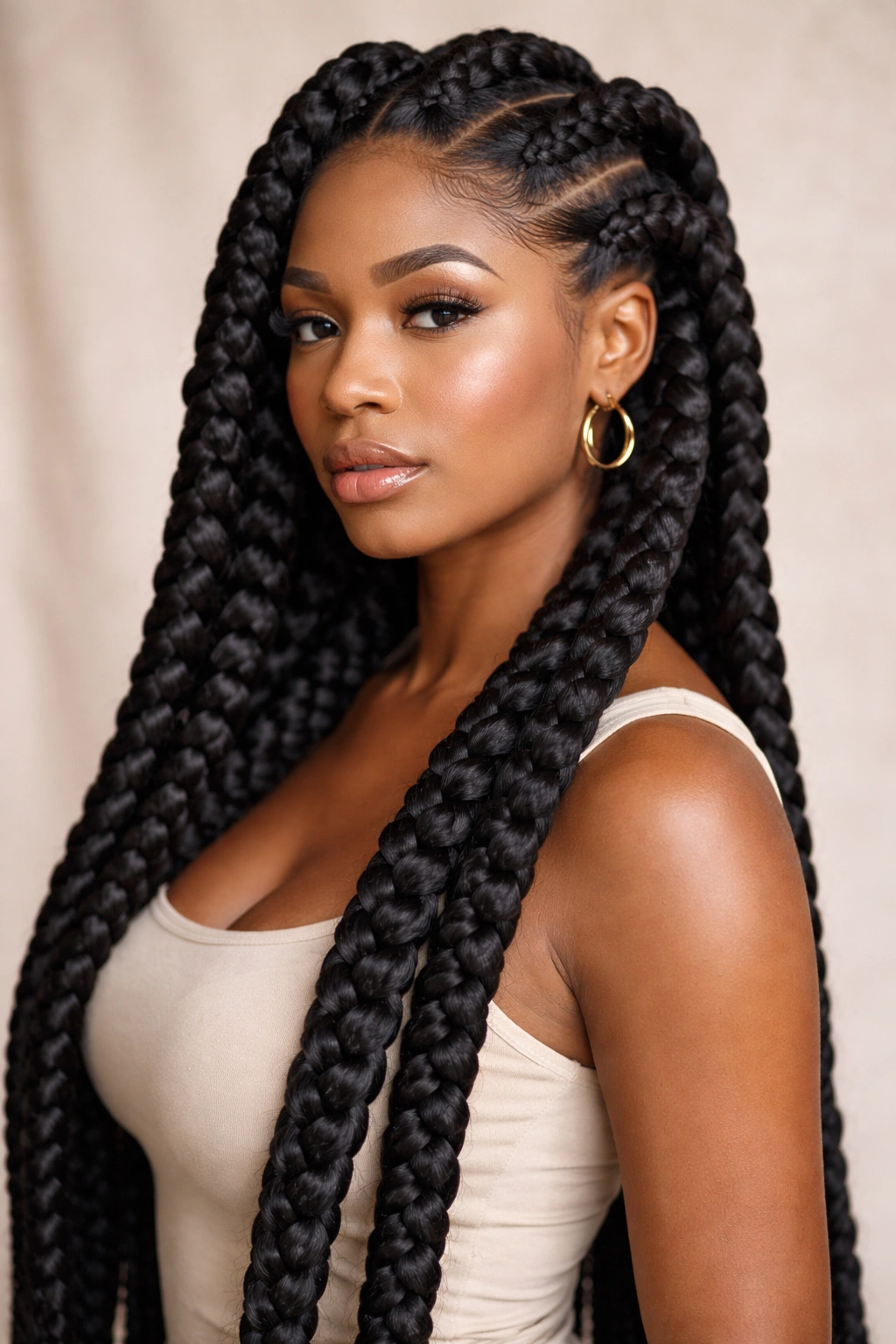 Jumbo braids with thick, oversized strands framing the head