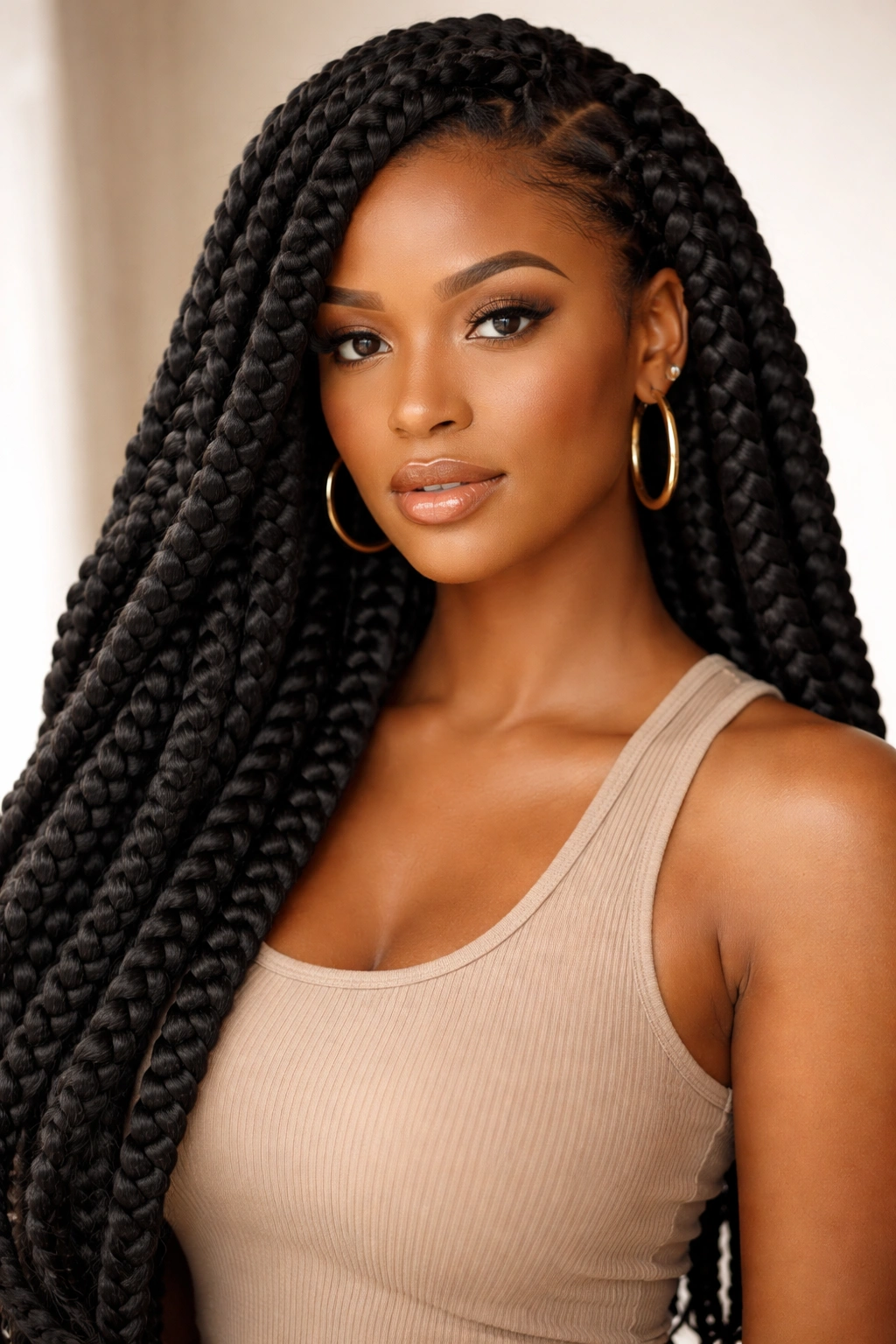 Bold jumbo crochet braids framing a single model's face