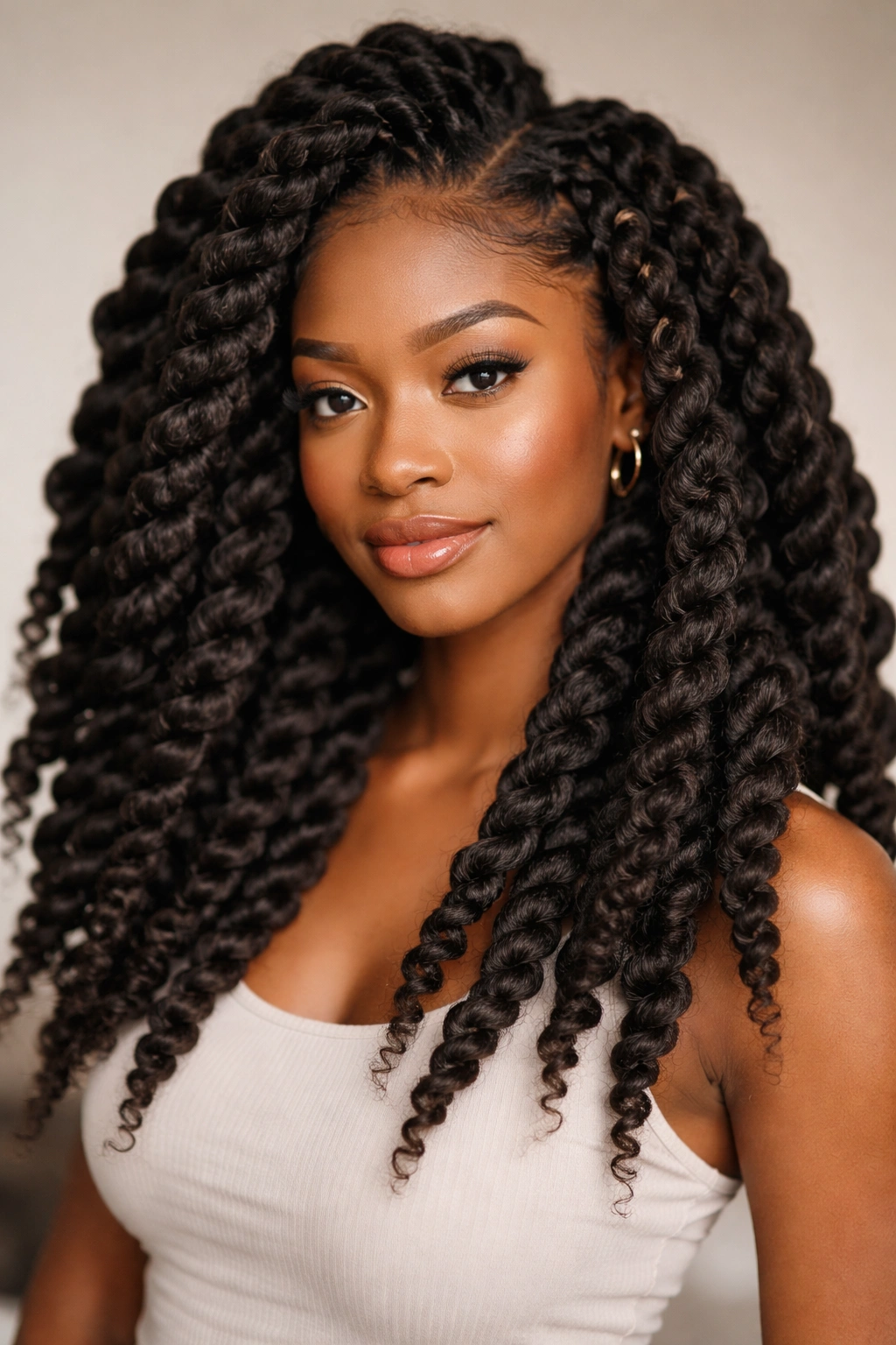 Close-up of jumbo twists with volume on 4b hair