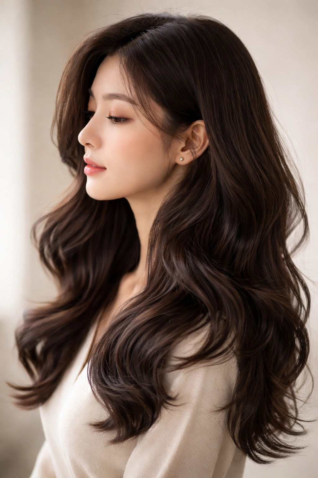 Close-up of large soft waves starting mid-shaft on shoulder-length hair