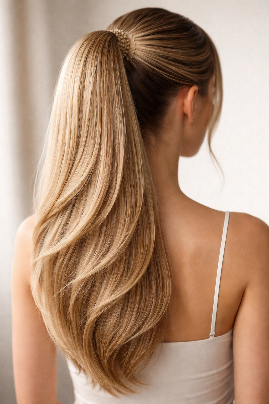 Keratin-bonded ponytail displaying dense layering from root to tip