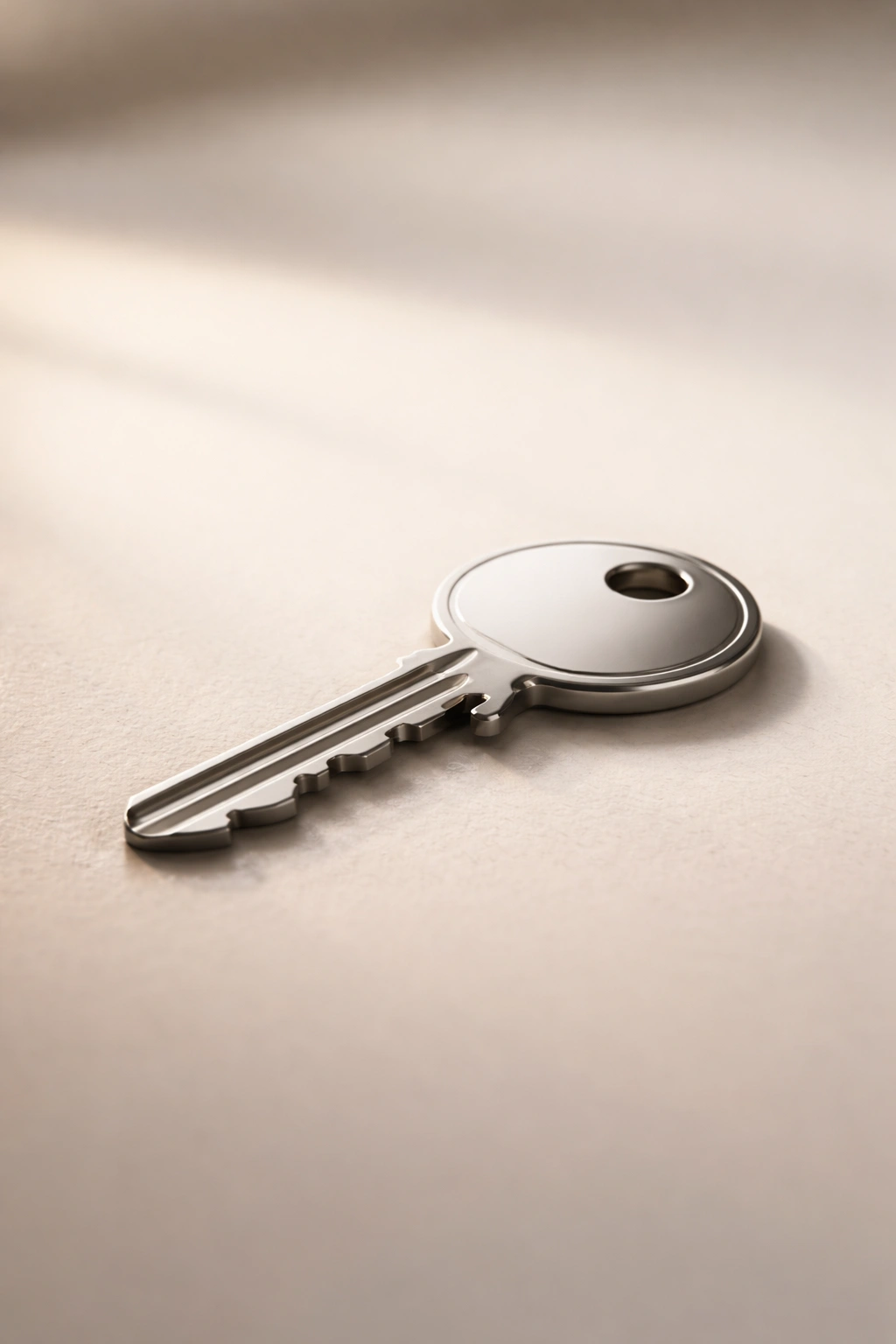Single metallic key on a plain surface with soft shadow