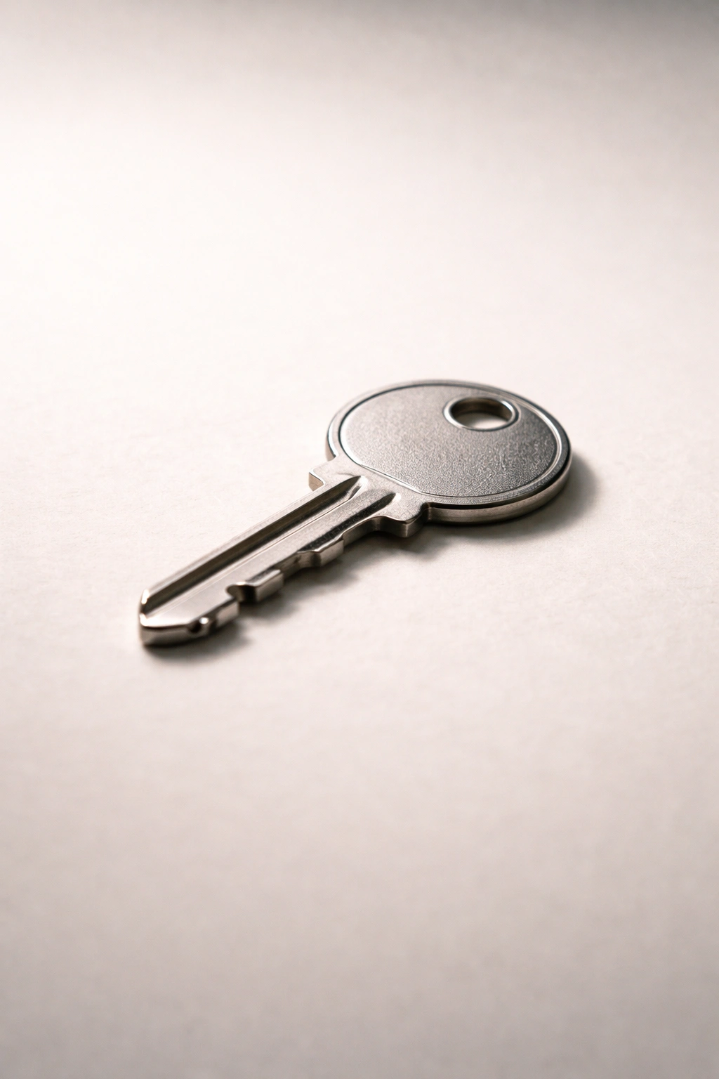 Single metallic key on a neutral surface symbolizing key takeaways for tapered afros