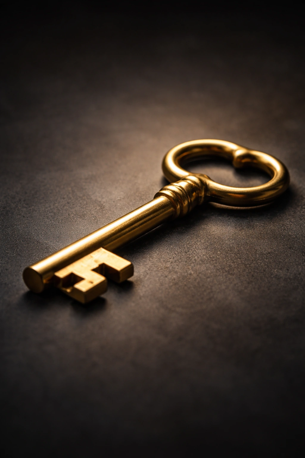 Single golden key on dark surface symbolizing key takeaways.