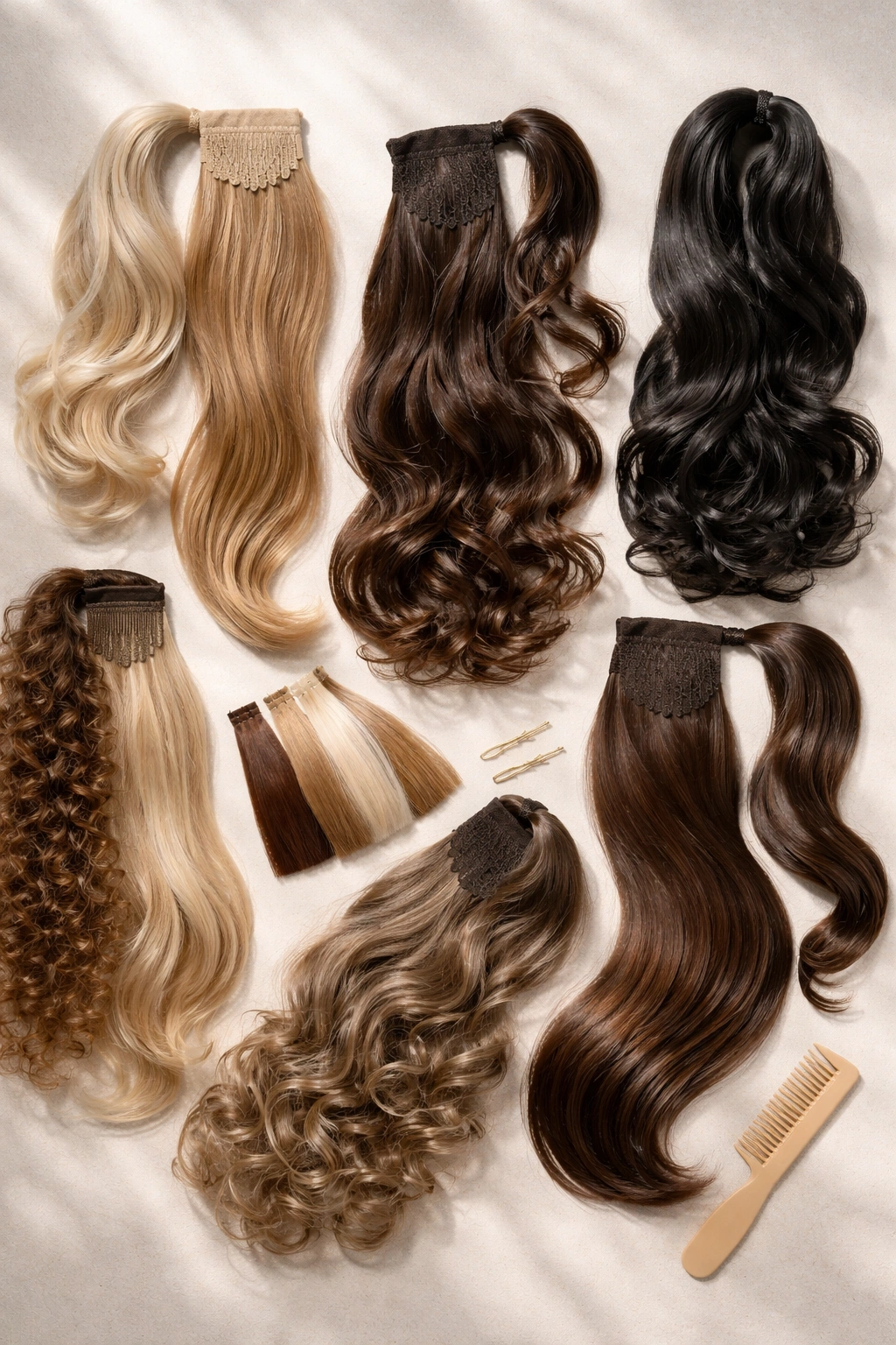 Flat lay of diverse faux ponytail pieces and extensions arranged to suggest key takeaways.