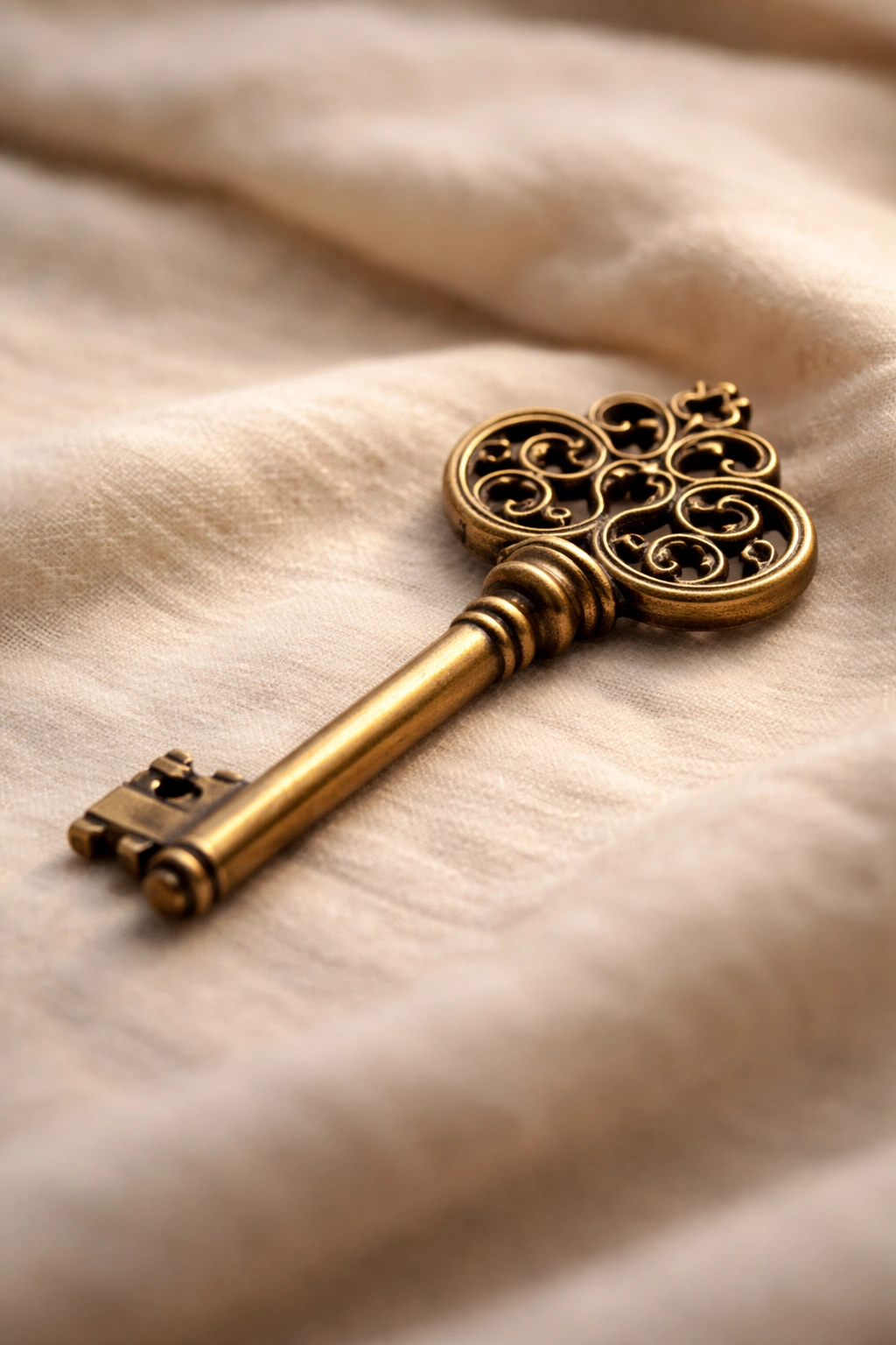 Close-up of an ornate key with curl-inspired bow on soft fabric backdrop