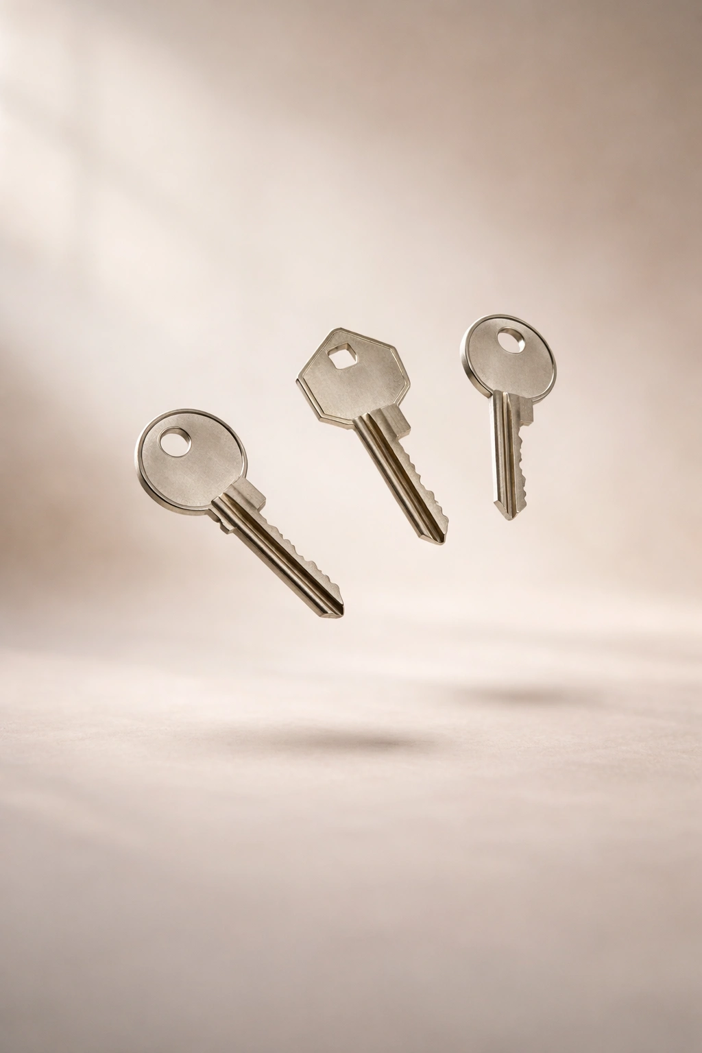 Abstract image of three keys suspended in a soft gradient background
