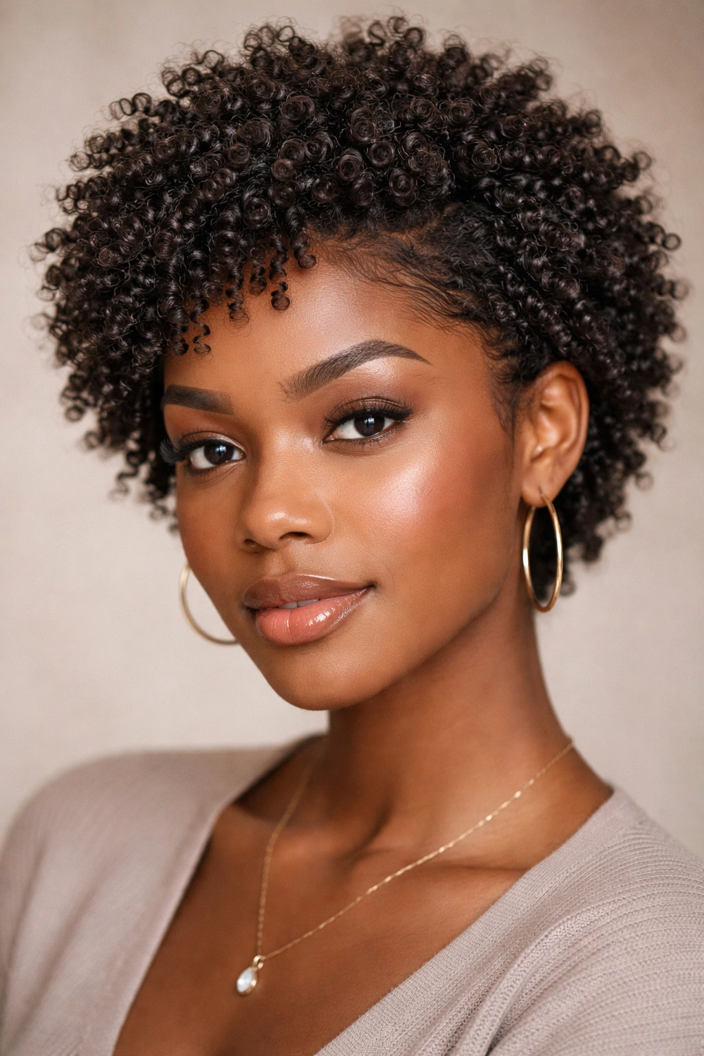 Close-up of head with classic kinky coil weave featuring tight uniform coils and natural texture