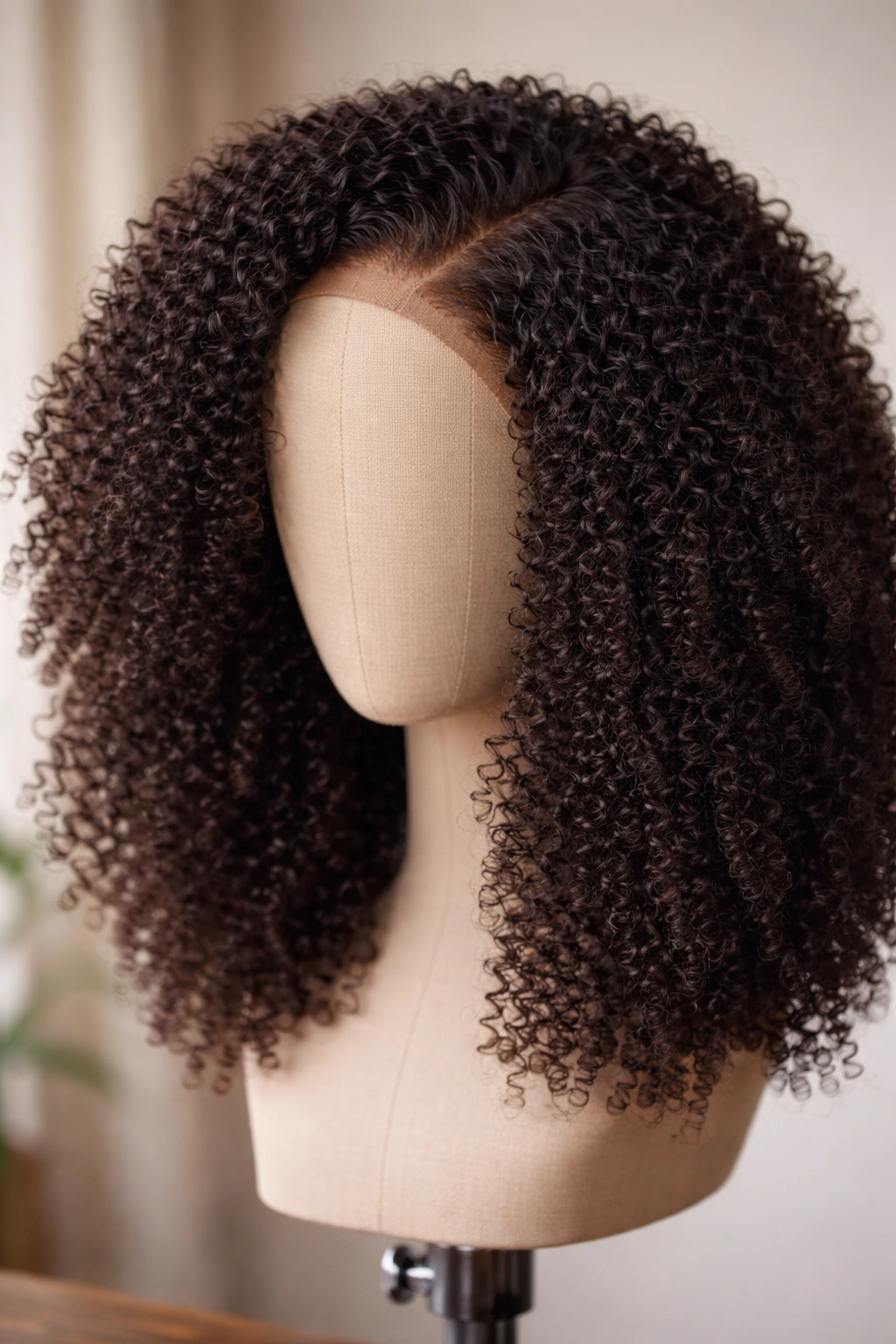 Kinky coil wig with tightly coiled texture on a head form