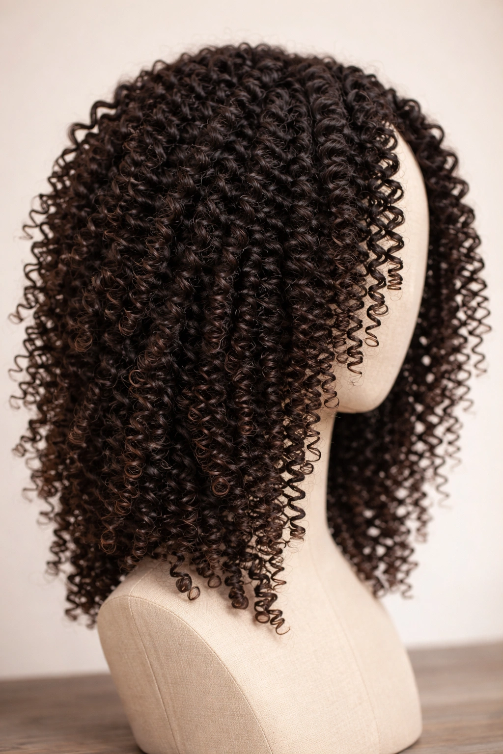 Close-up of a kinky coil wig with tight, defined coils and natural shine.