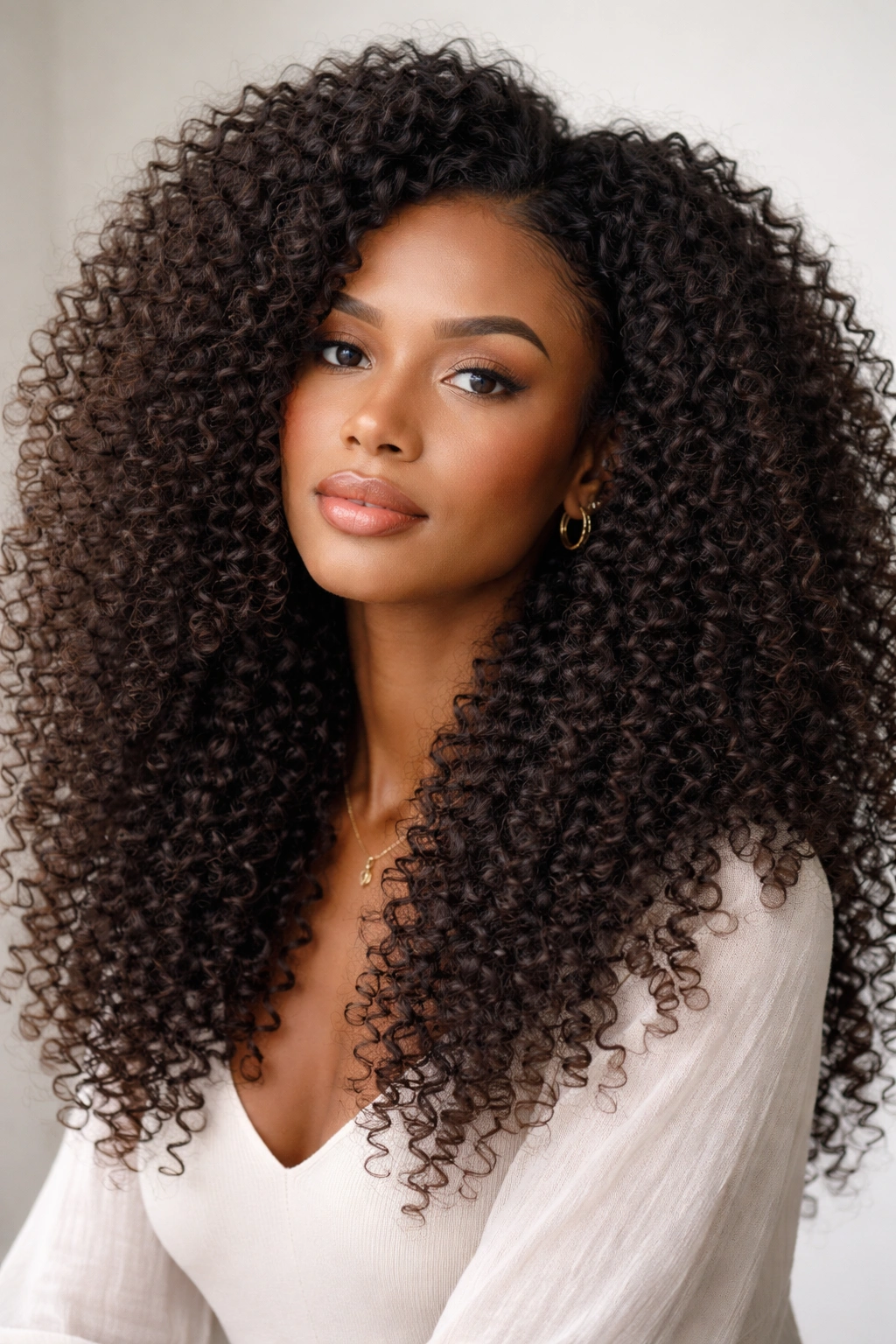 Head-and-shoulders with kinky curly sew-in texture and full volume