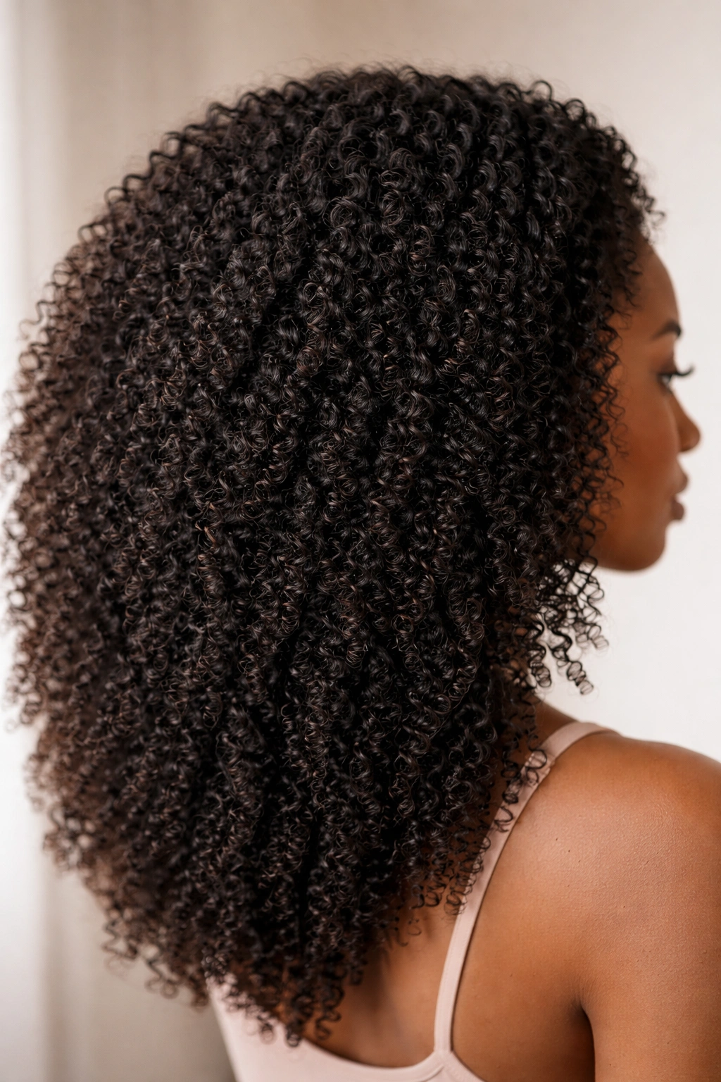 Close-up of kinky curly weave showing tight curls and dense volume