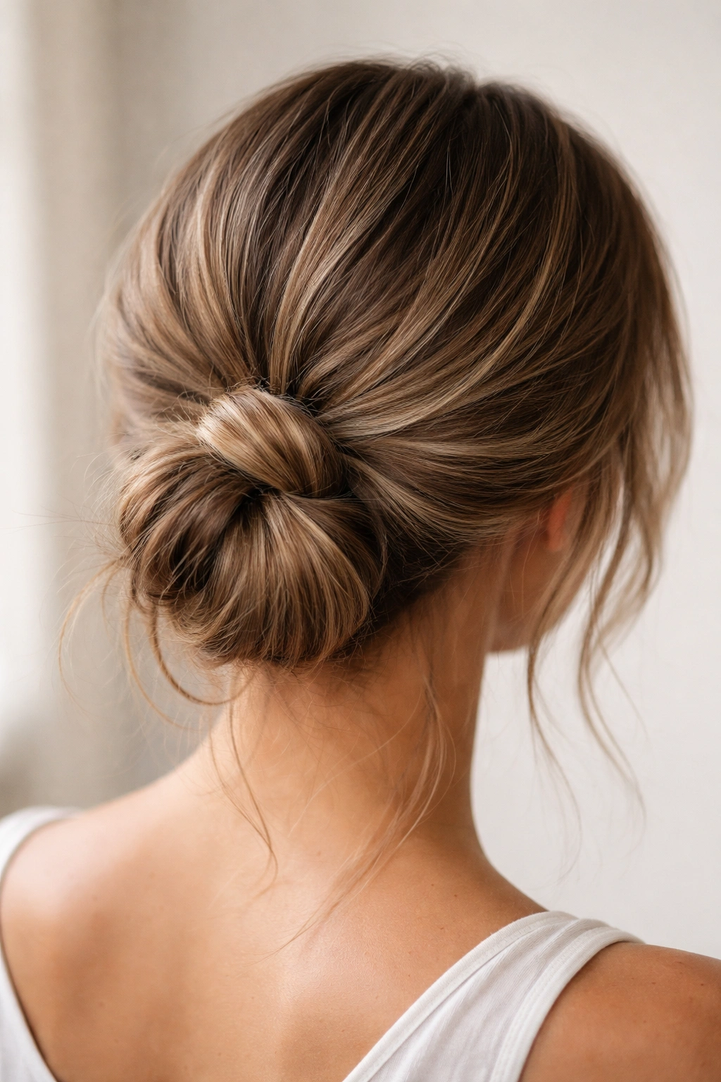 Close-up of a knot-based low bun at the nape with two sections tied into a knot