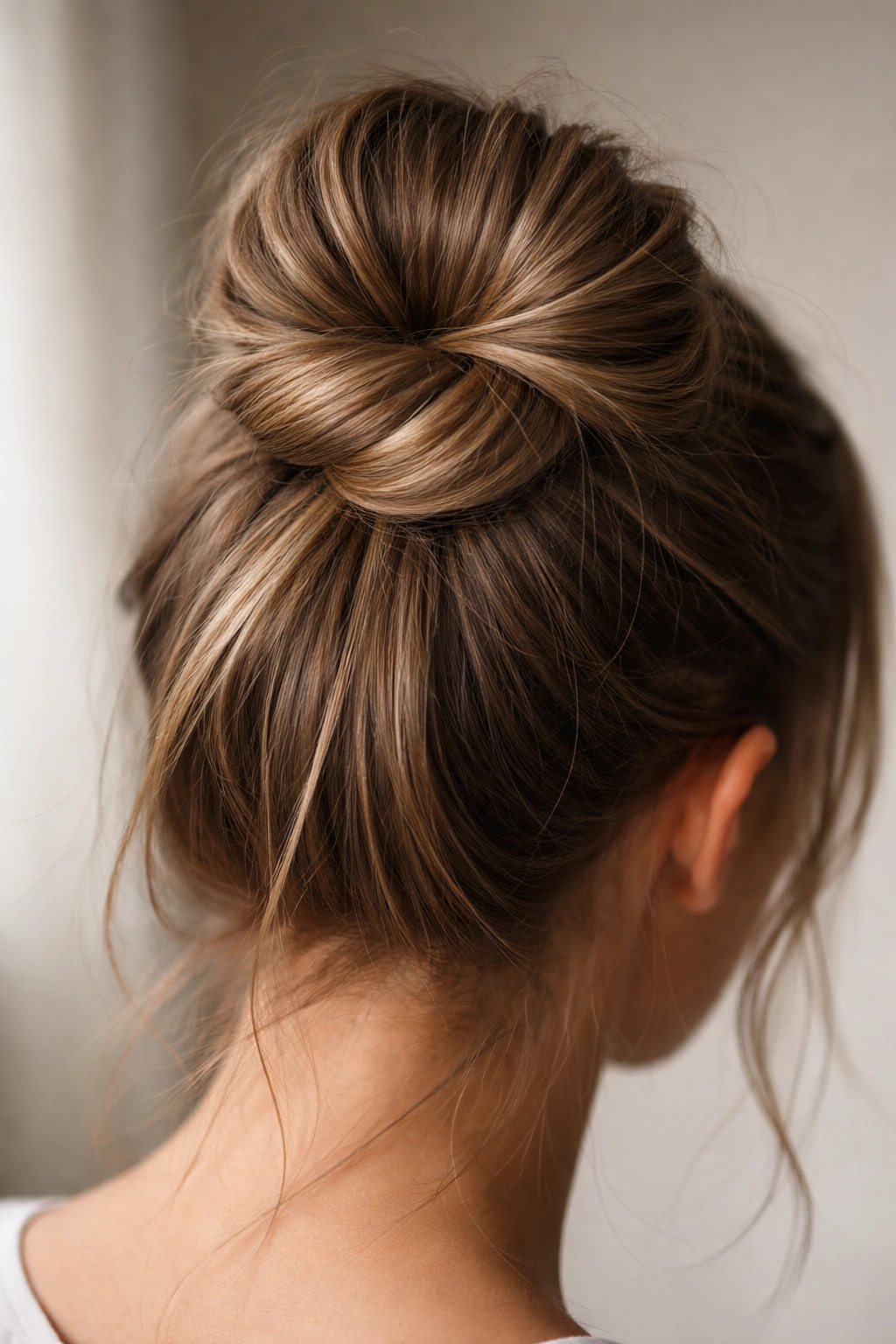 Textured knot bun with visible knot and wrapped tail