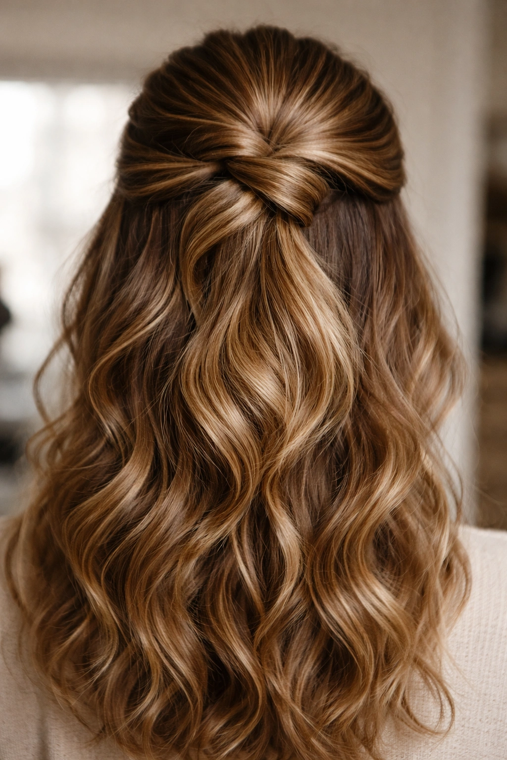 Crown knot half-up with sculptural volume in wavy hair