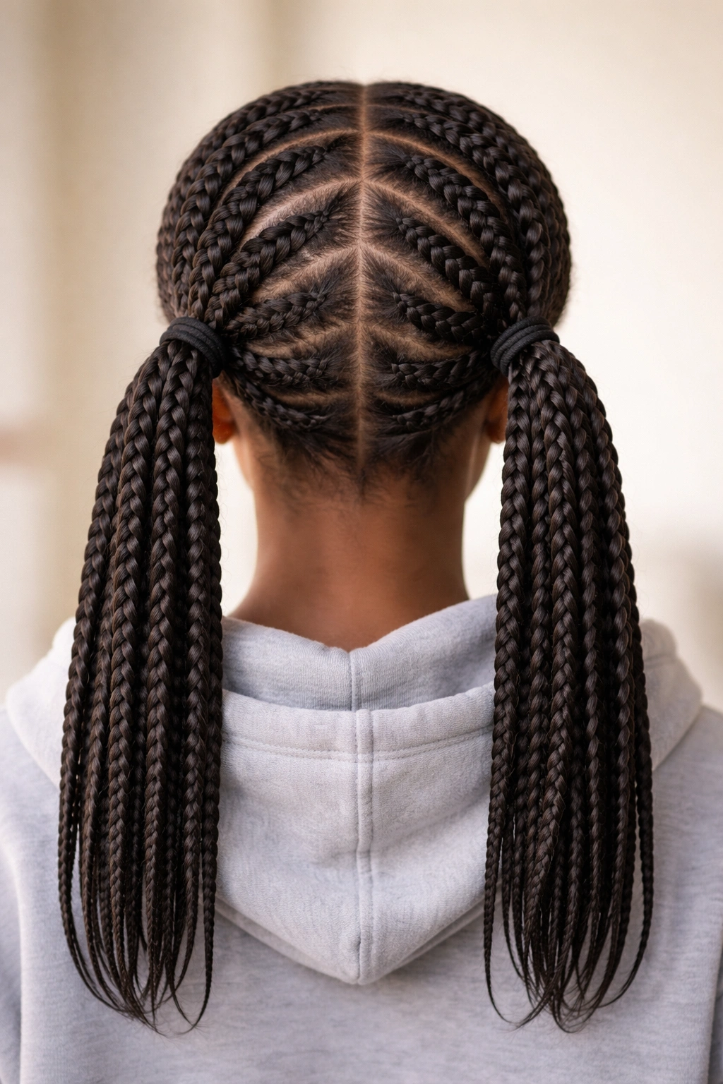 Knotless box braids in two tidy pigtails at the sides