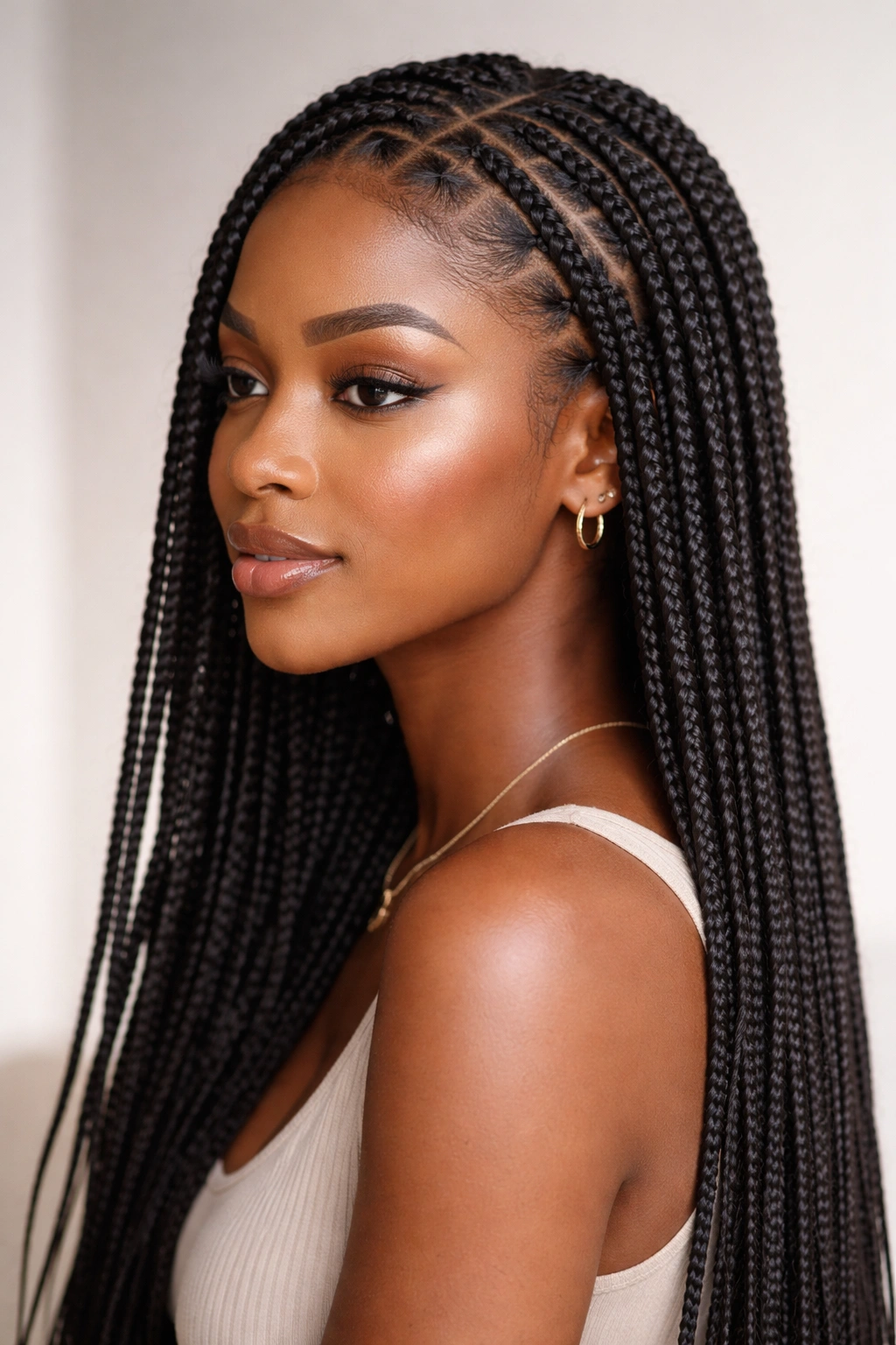 Close-up of knotless box braids with seamless roots