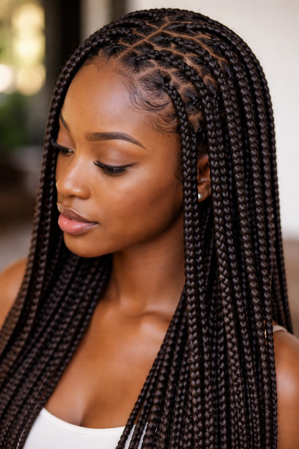 Close-up of knotless braids with smooth scalp foundation