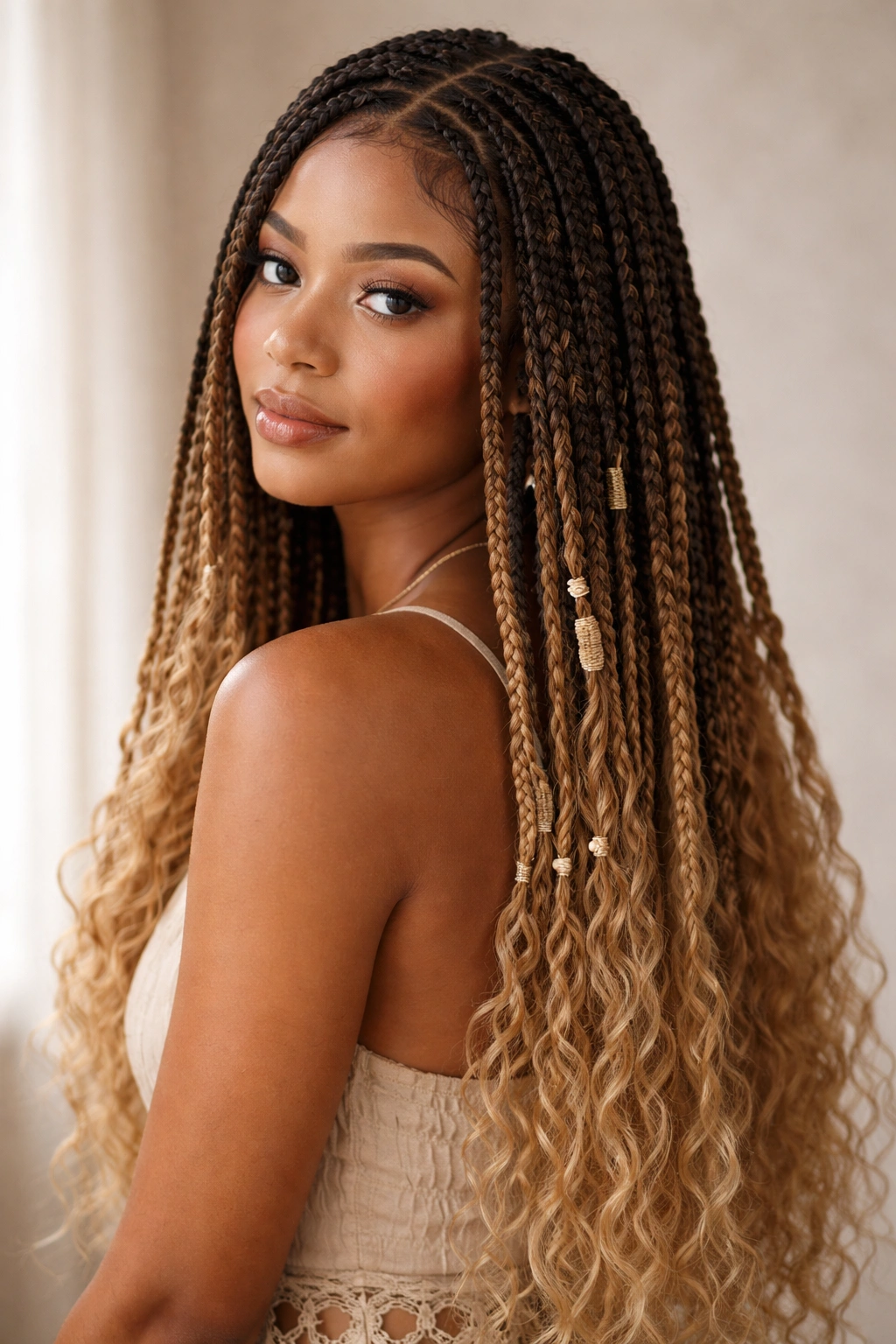 Knotless braids with ombre extension hair on Afro hair