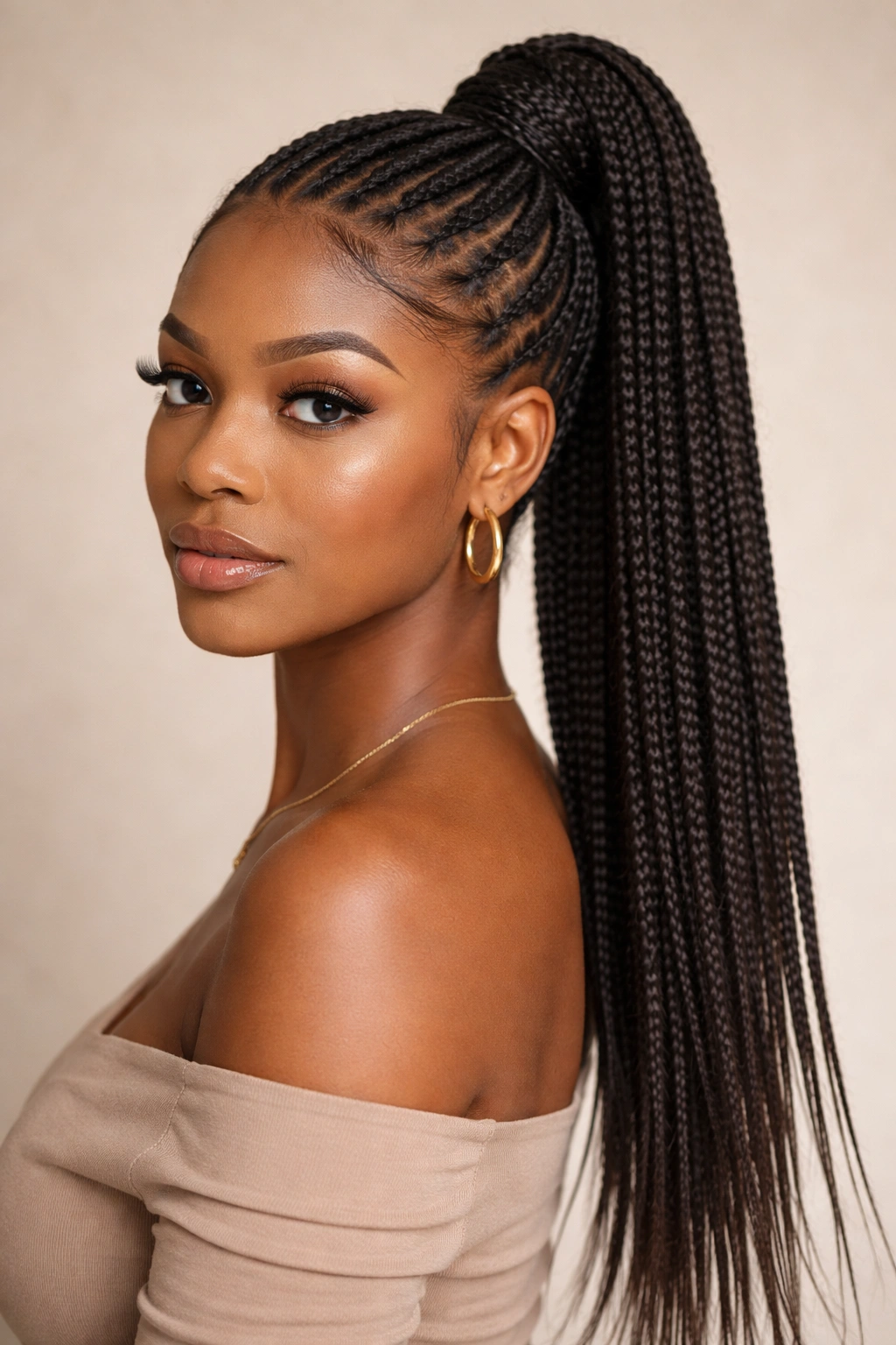 Knotless braids forming a smooth tapered ponytail