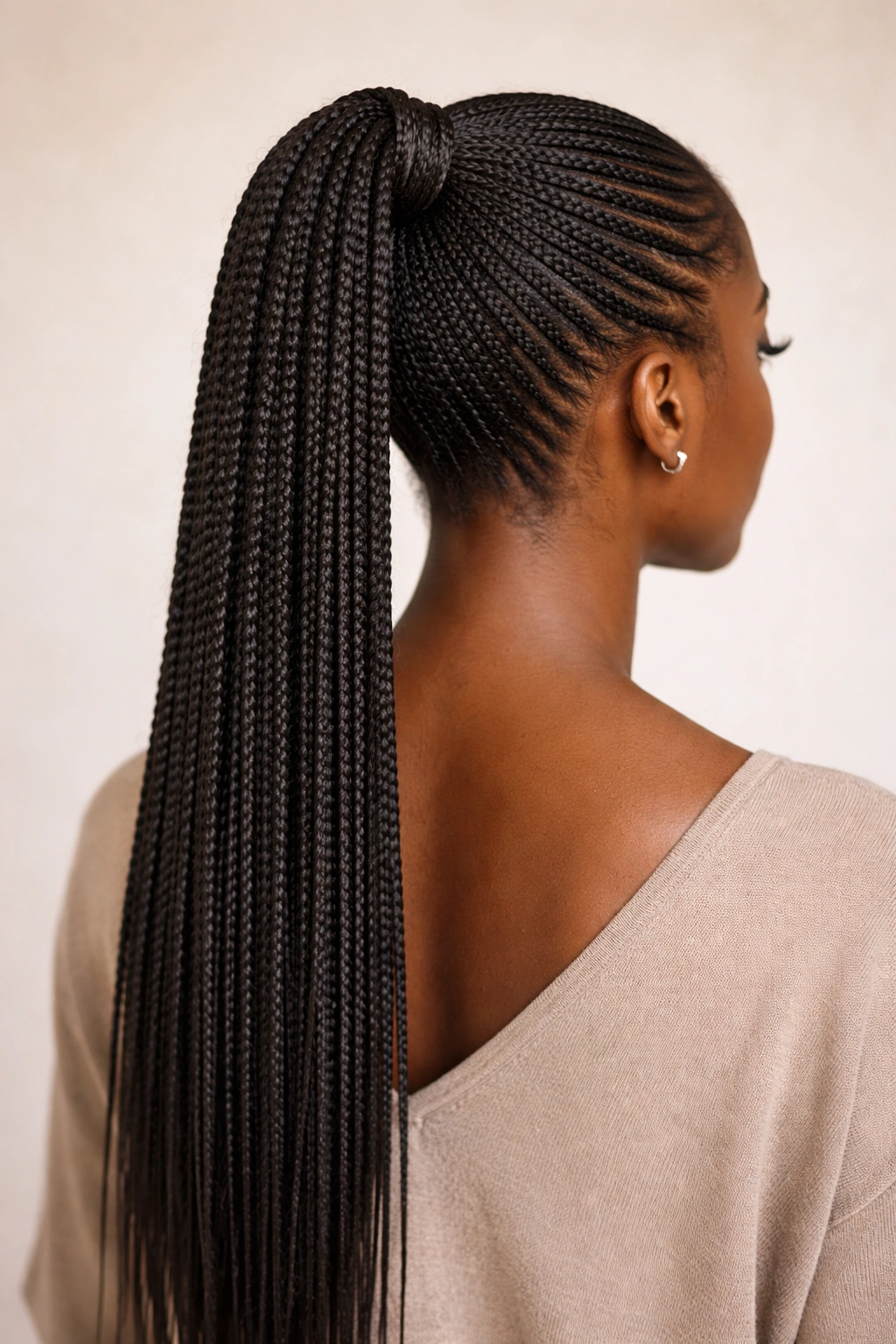 Back view of knotless braided ponytail showing smooth base without knots