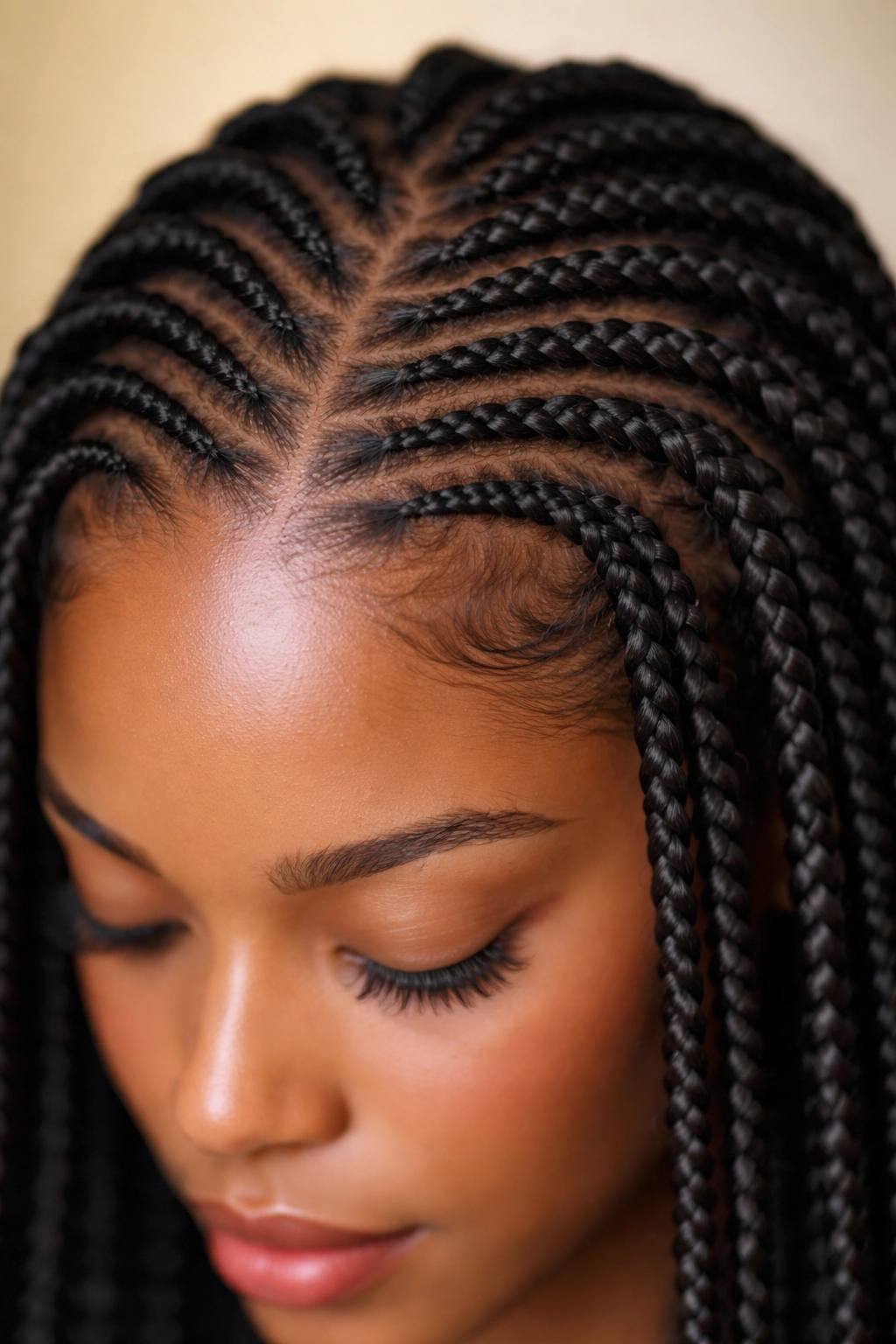Close-up of knotless braids at the scalp without a visible knot