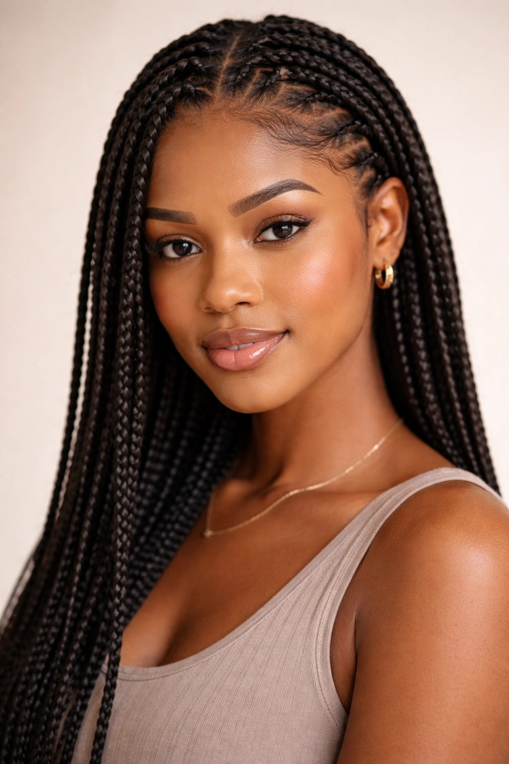 Close-up of knotless box braids with soft edges around a smooth hairline