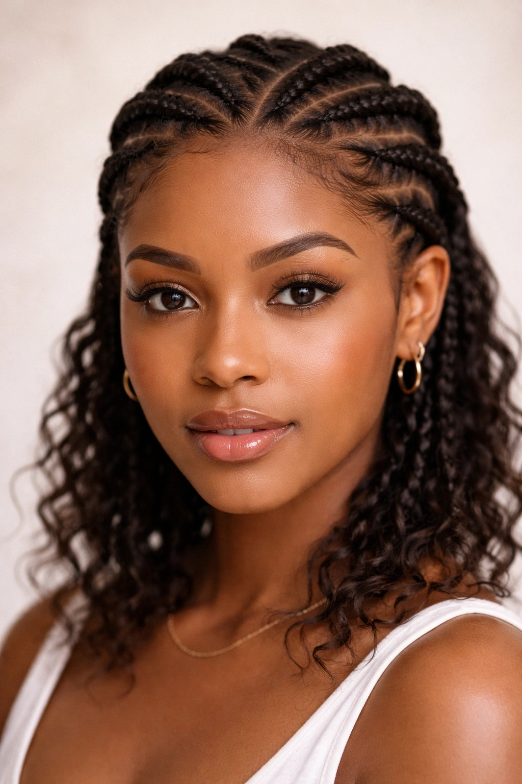 Close-up of knotless cornrows on short Afro hair with loose ends