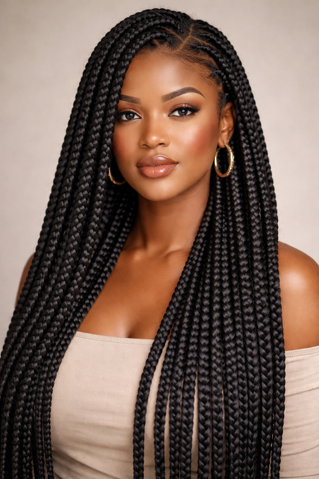 Knotless jumbo box braids on a woman's head, clean scalp and large braids