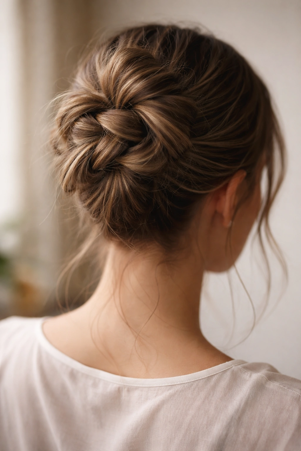 Close-up of knotted messy bun with structured knot and textured hair under soft studio lighting