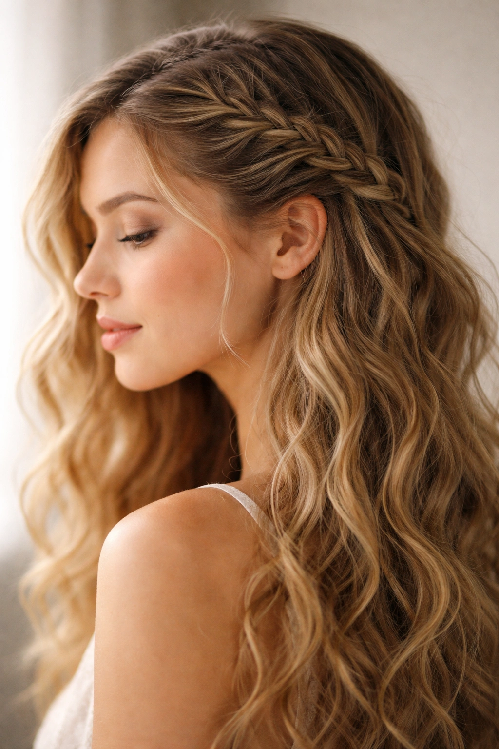 Lace braid along the hairline on wavy hair