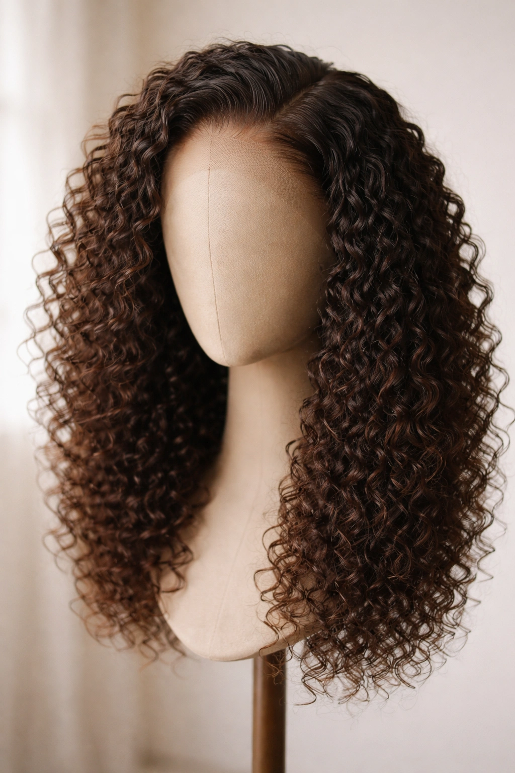 Curly lace-front wig on head form with varied curl textures