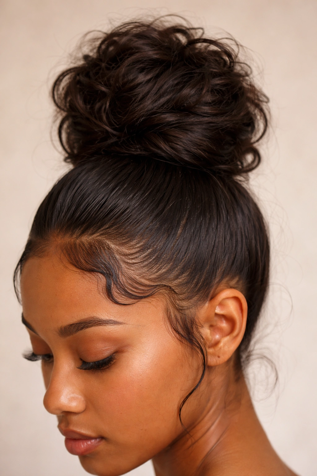 Close-up of a high bun with sleek laid edges and voluminous crown