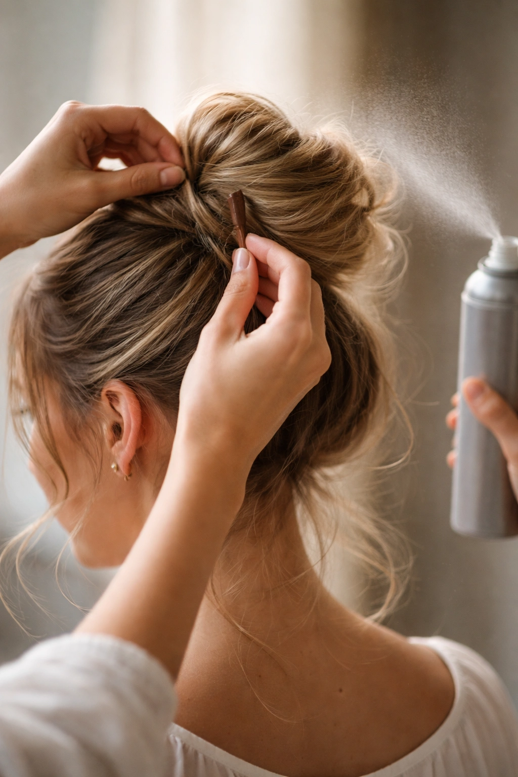 Hand placing bobby pins to adjust a bun