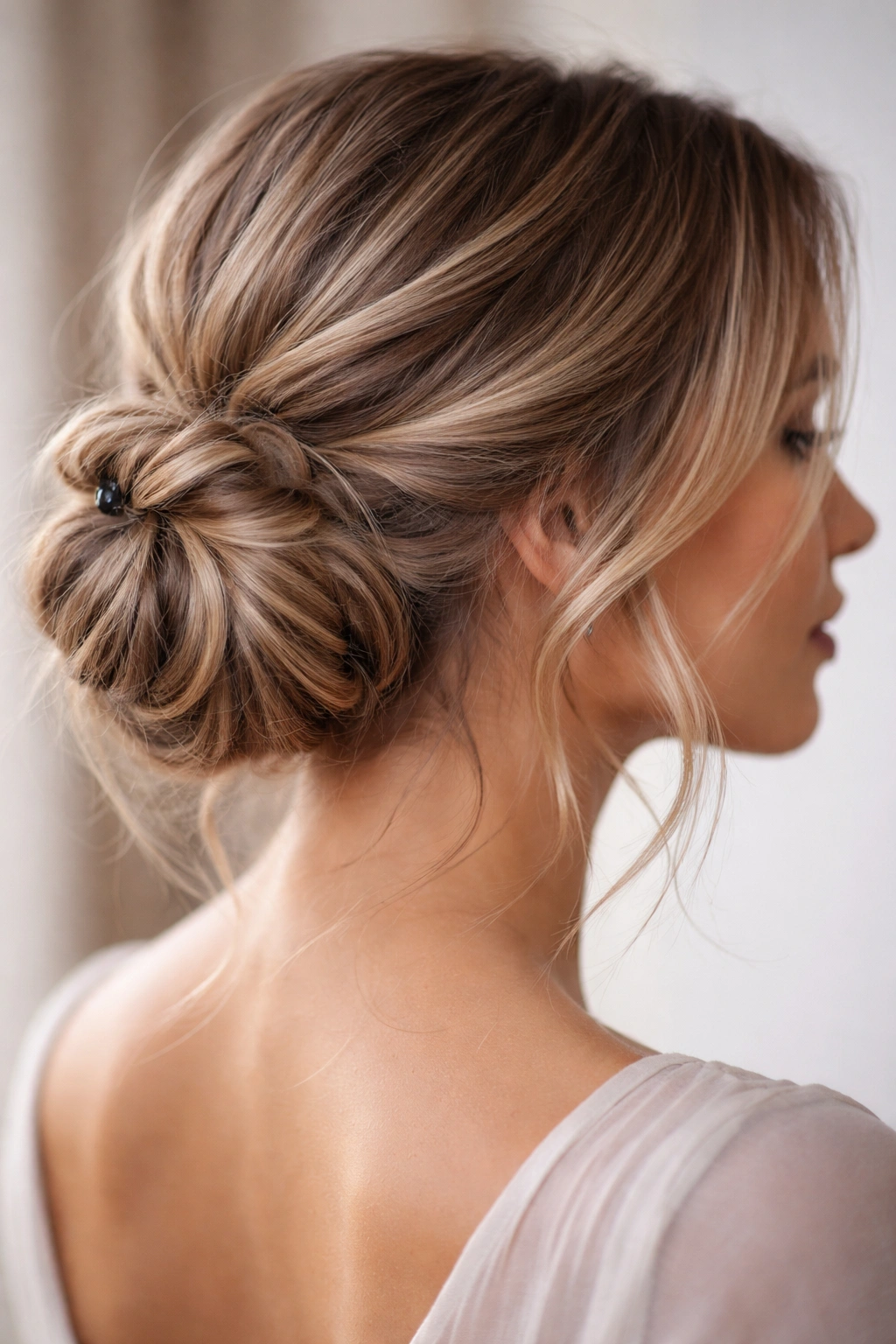 Side bun with visible pins and textured waves for long-lasting hold
