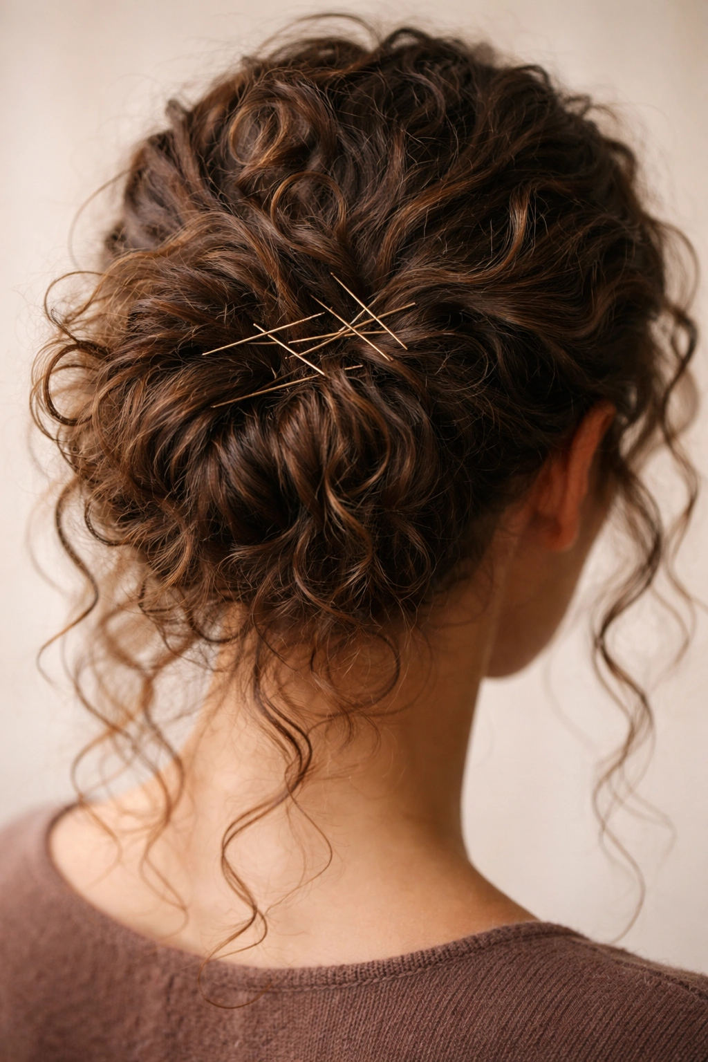 Close-up of a bun secured with crisscross pins showing hold and texture