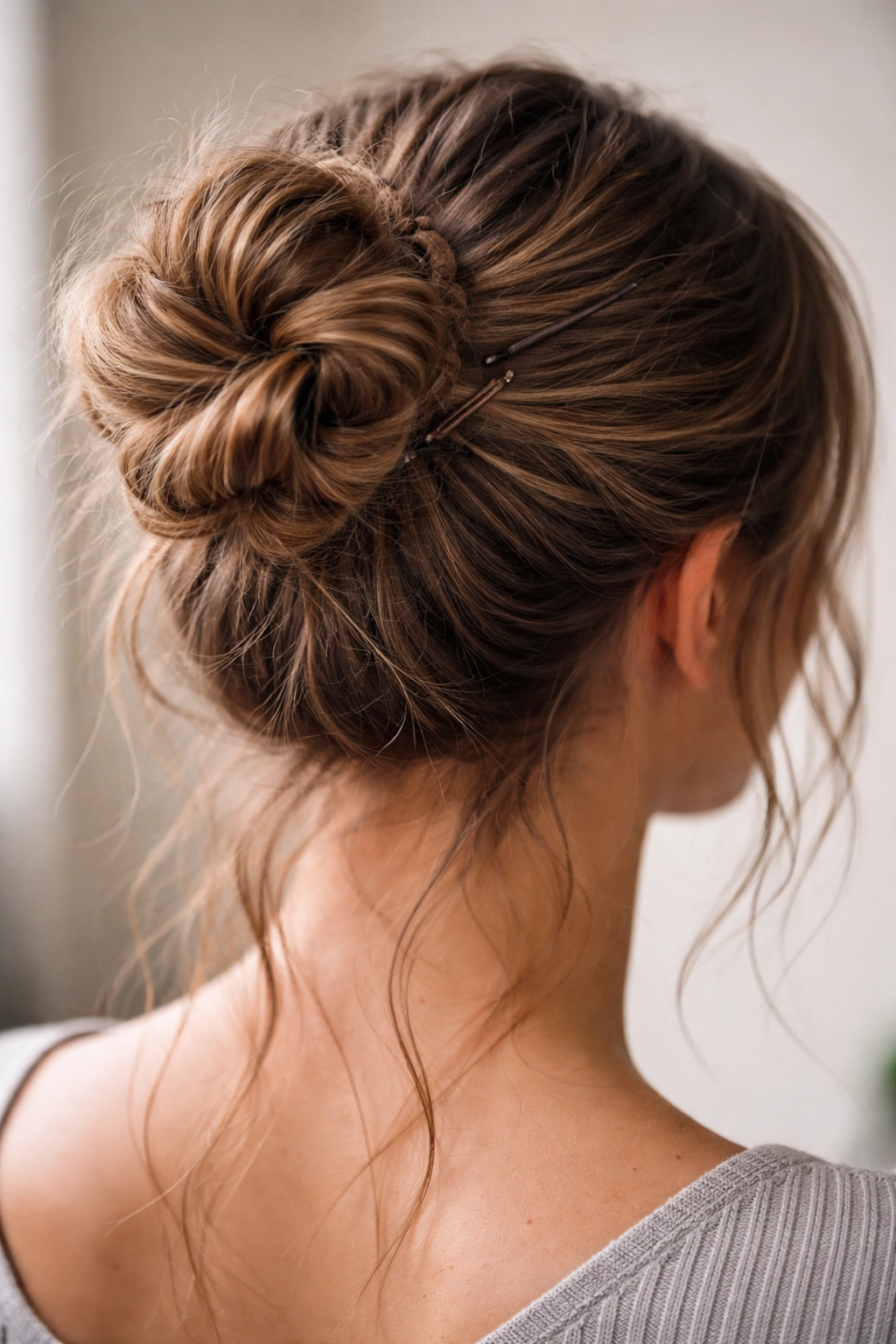 Messy bun secured with pins and elastic showing hold and texture