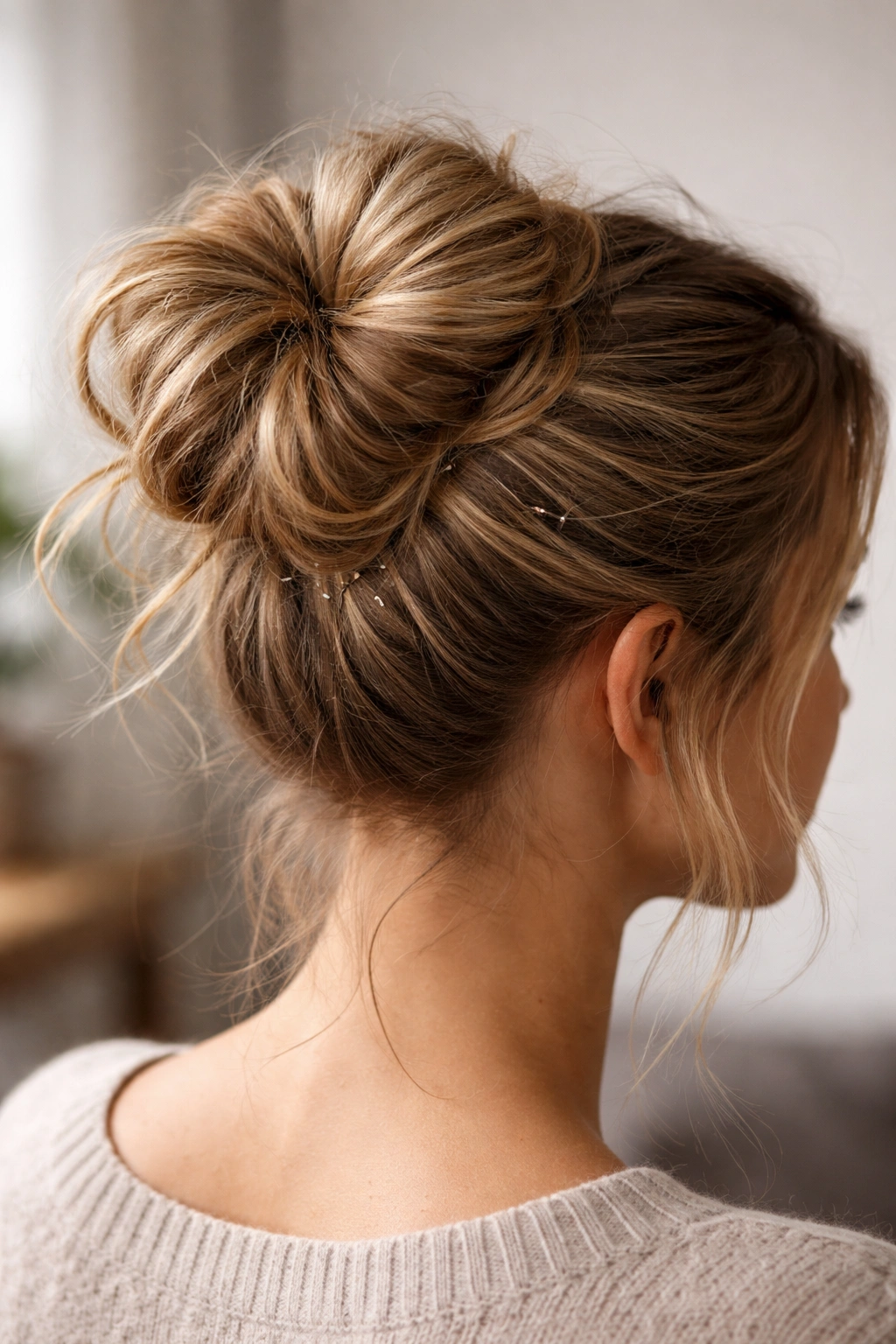 Tightly secured messy bun with discreet pins