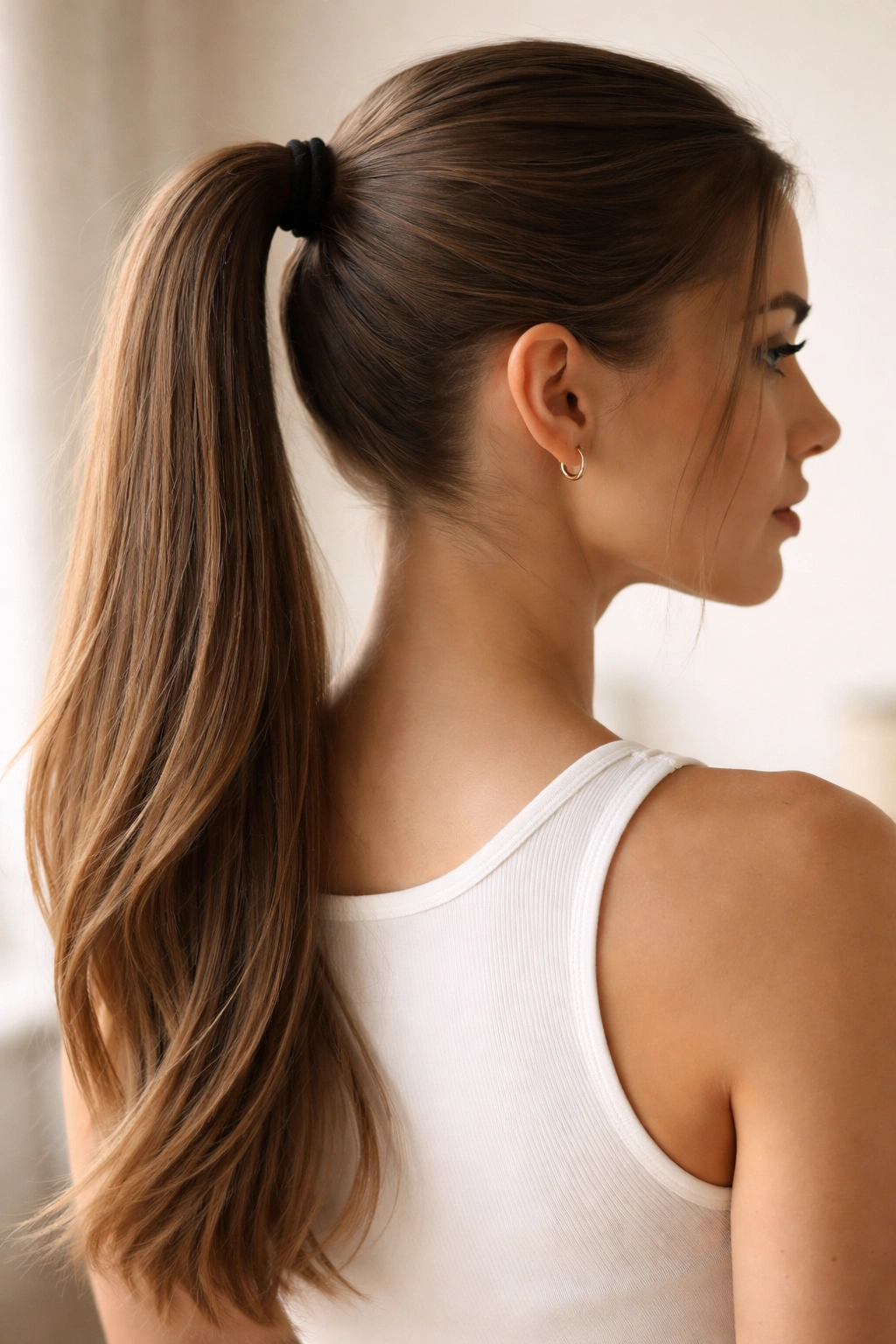 Close-up of a durable, secure ponytail in a neutral studio