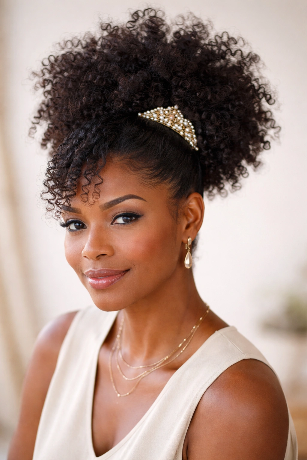 Close-up of layered afro puff with decorative clip highlighting texture