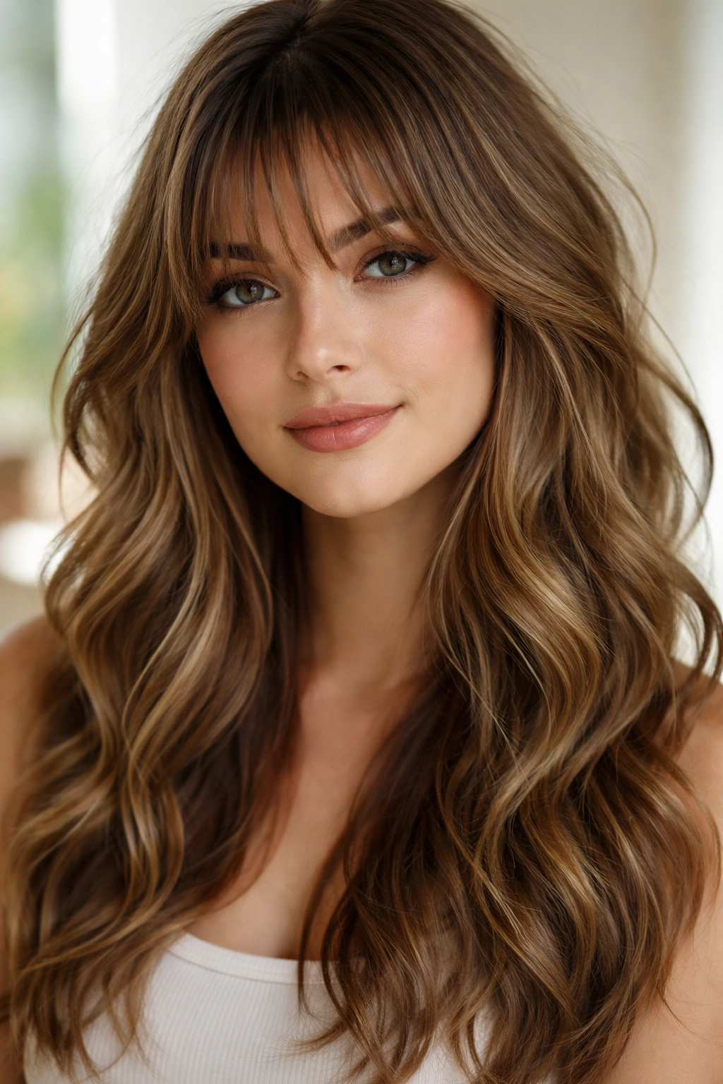 Layered bangs with beachy waves on hair in natural light