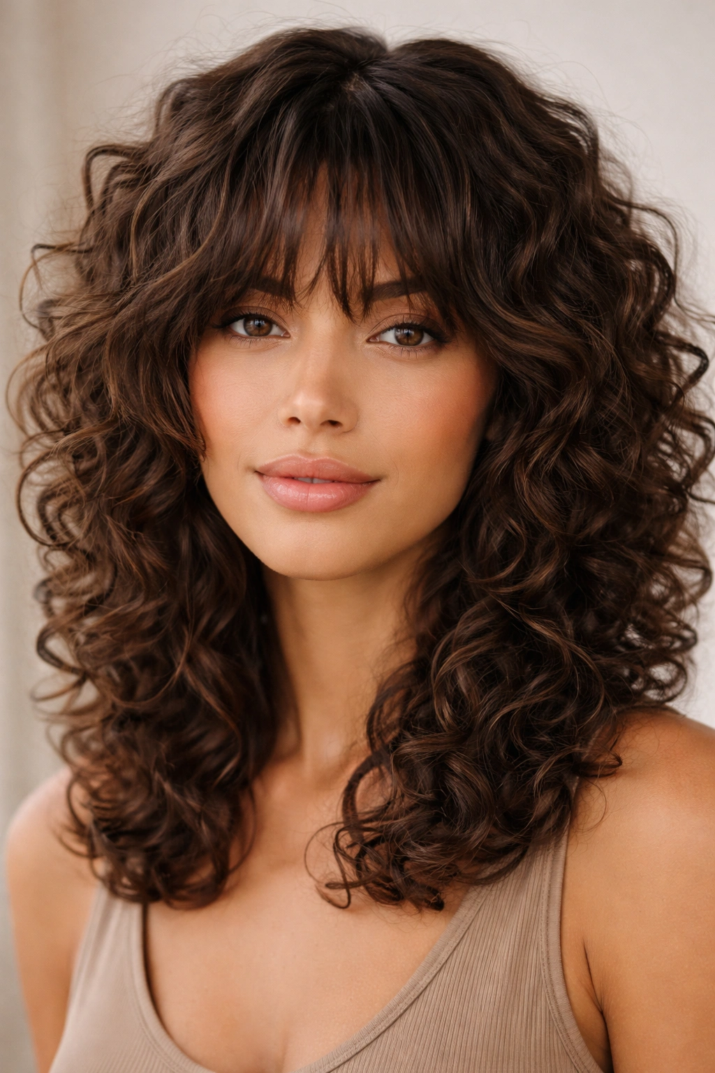 Layered bangs blending into shorter layers on curly hair