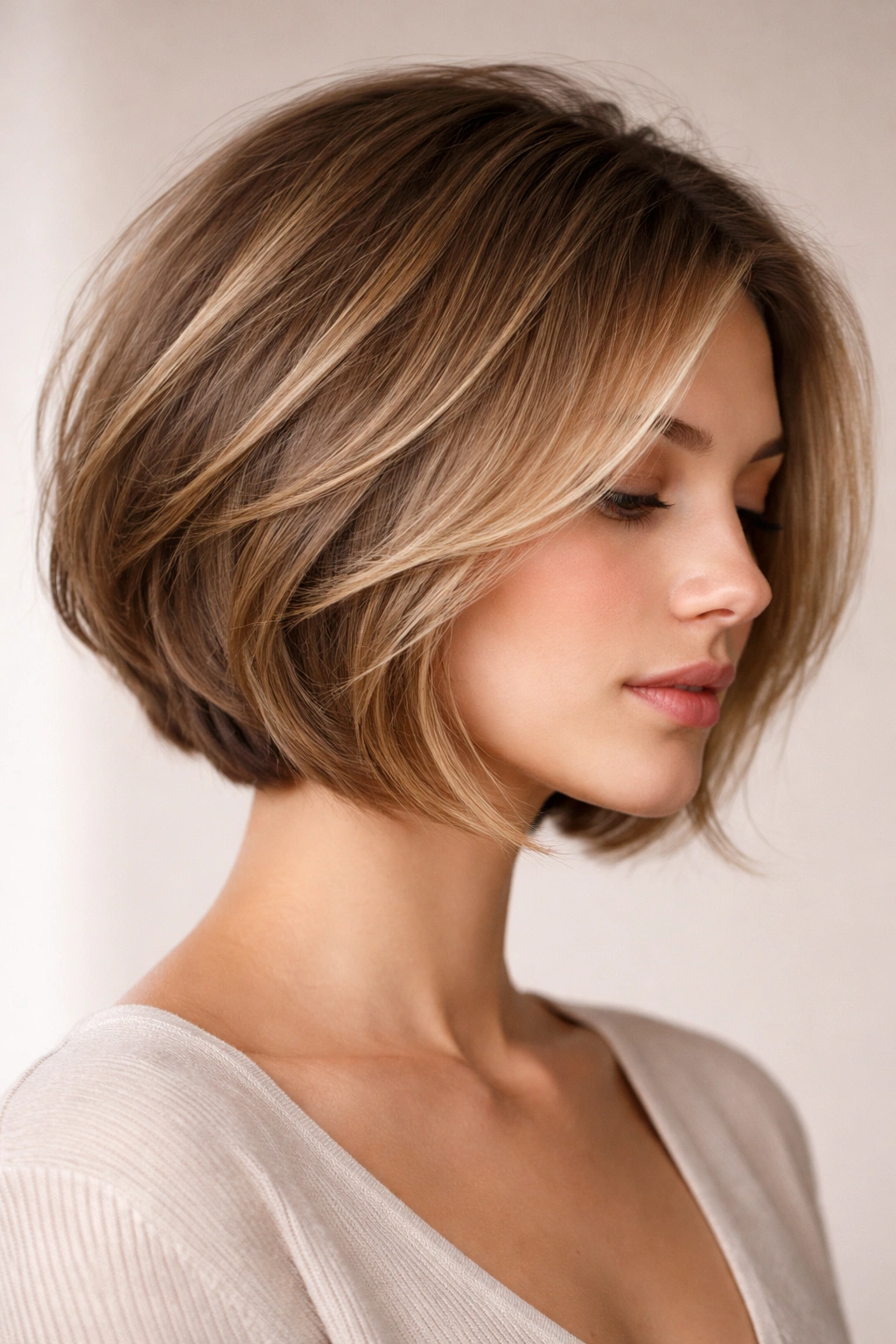 Close-up of a chin-length layered bob with interior layers creating lift