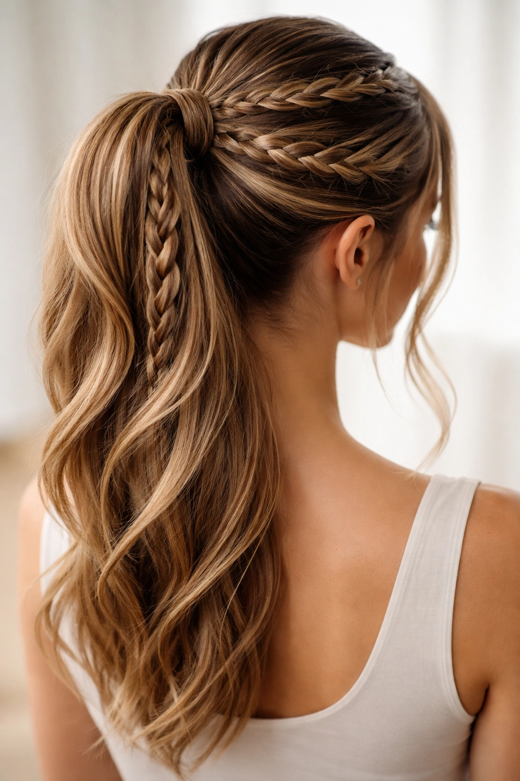 Multiple small braids integrated into a single textured ponytail.