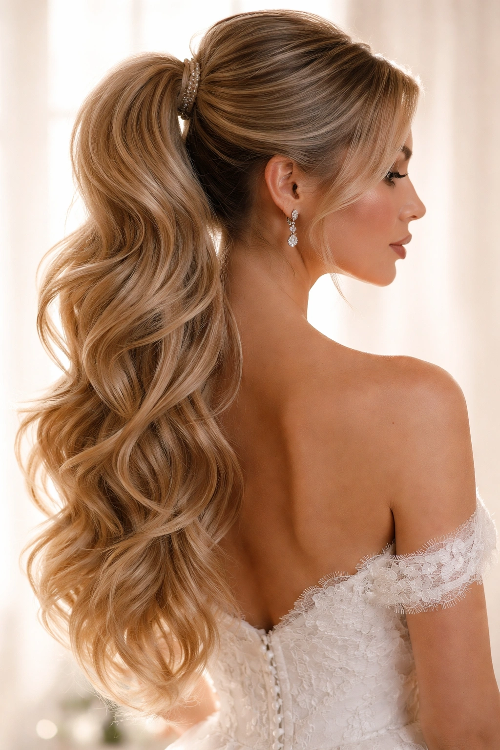 Long layered cascading ponytail with multiple height-secured sections for dimension.
