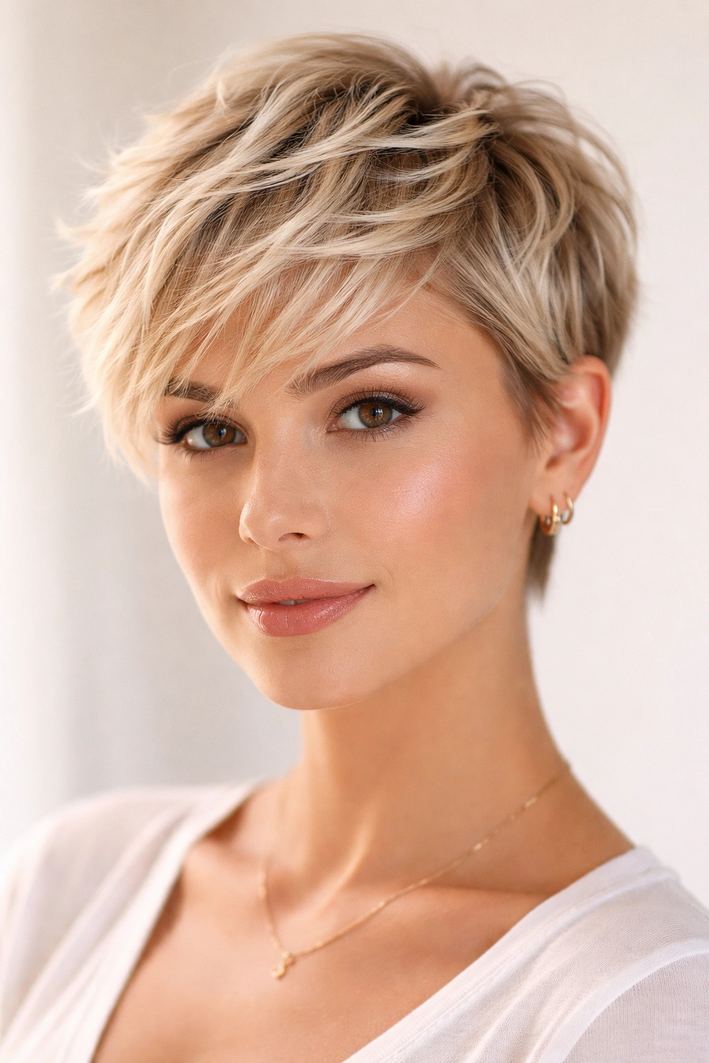 Layered crop with beachy blonde waves in a short cut.