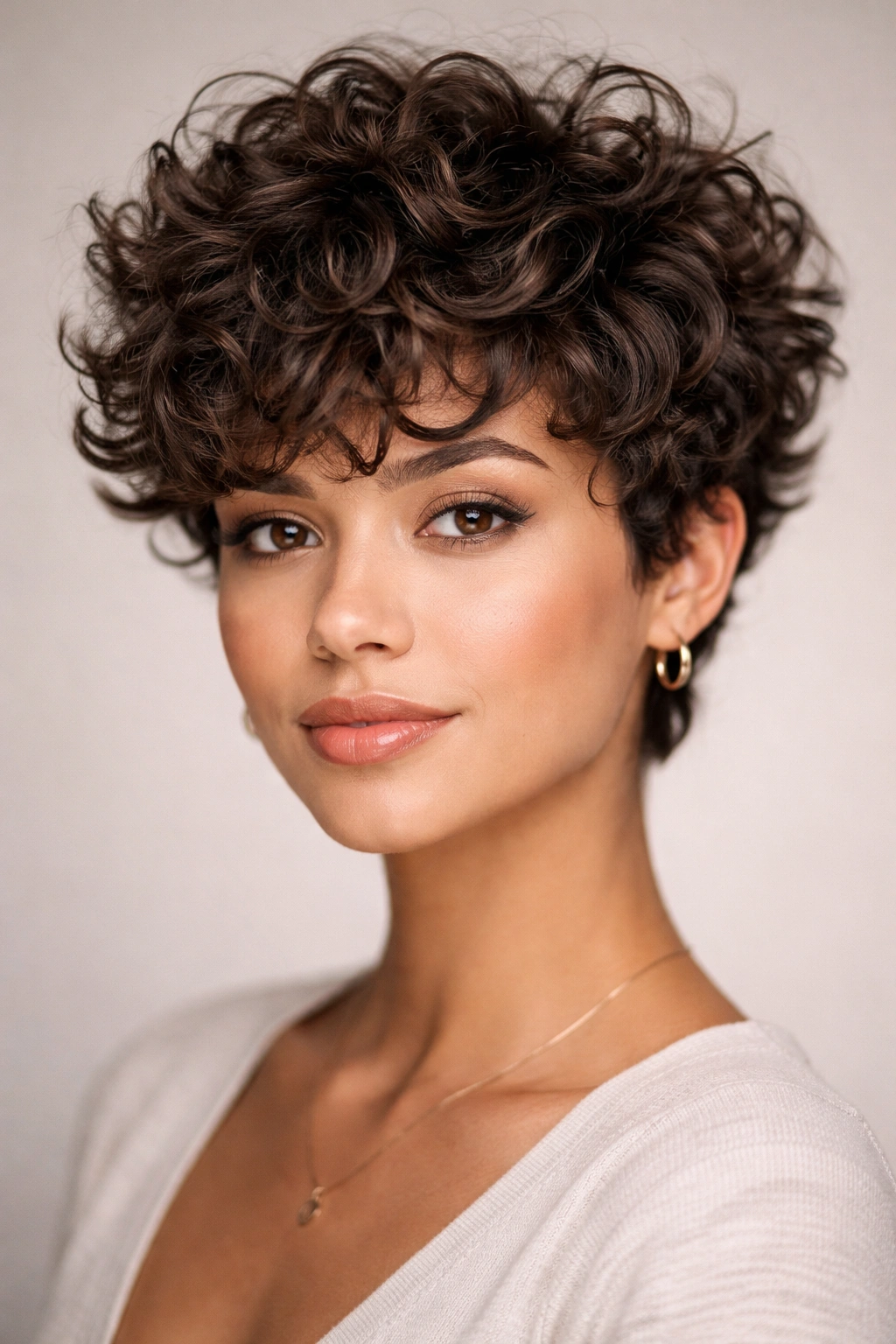 Close-up of layered crop with volume on short curly hair, highlighting texture and lift