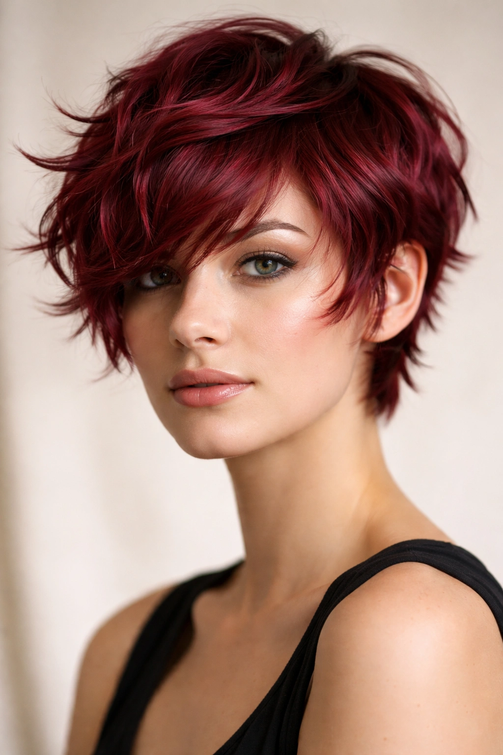 Close-up of a model with a short layered wavy crop in ruby red showing texture and jewel-toned shine
